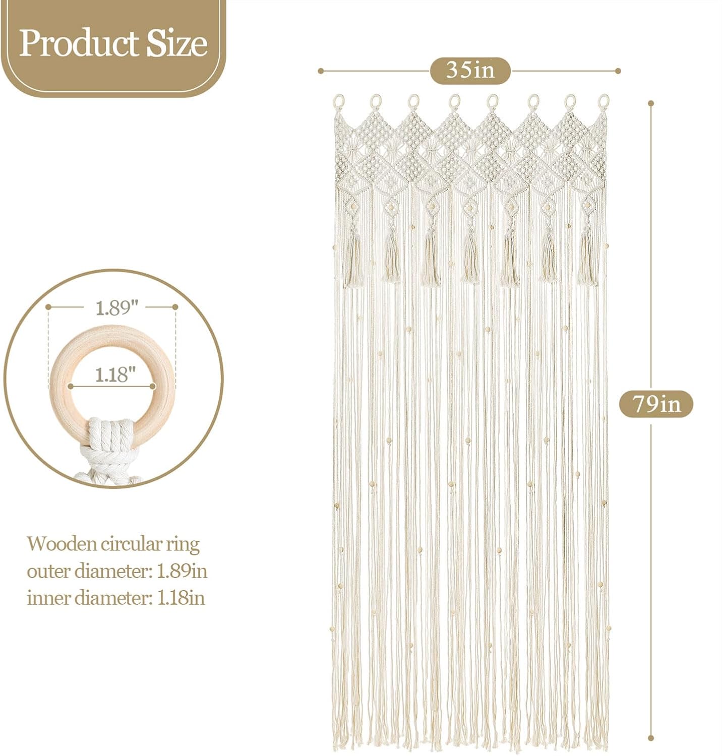 BECHAEO Boho Macrame Beaded Curtain Handmade Door String Curtain for Doorway Window Cotton Tassels Beads Hanging Hippie Room Divider Hallway Closet Bedroom Living Room Decor, 1 Panel 79" L x 35" W