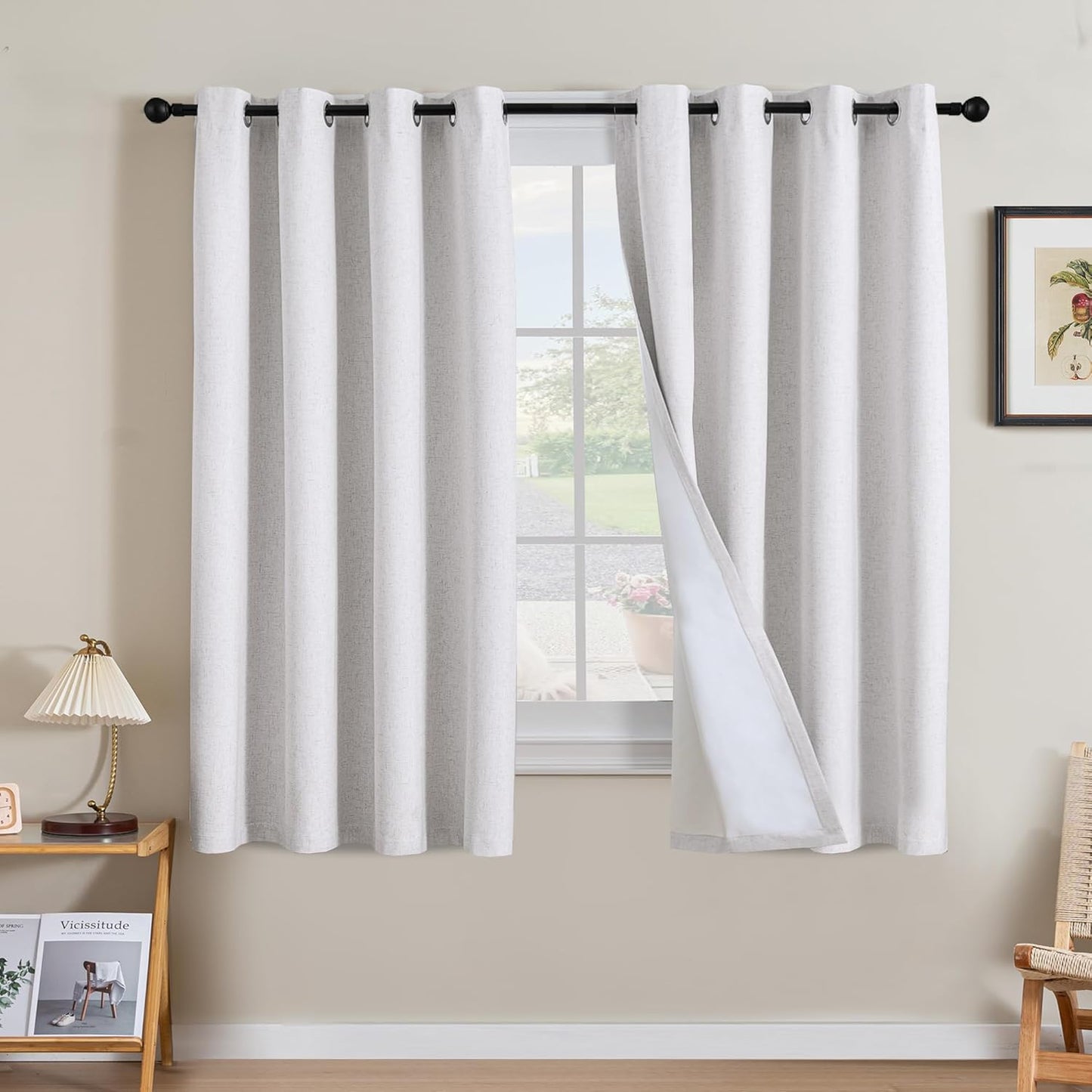 H.VERSAILTEX Linen Blackout Curtains 45 Inches Long 100% Blackout Thermal Insulated Textured Linen Look Curtain Draperies Anti-Rust Grommet, Energy Saving with White Liner, 2 Panels, Natural