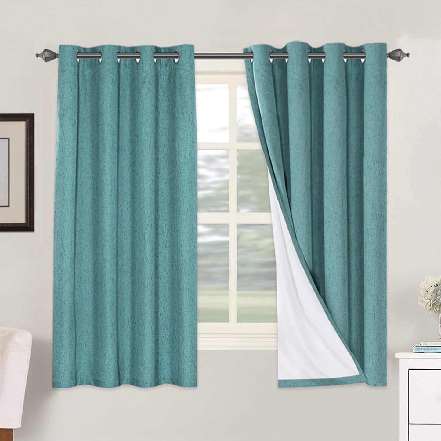 H.VERSAILTEX Linen Blackout Curtains 45 Inches Long 100% Blackout Thermal Insulated Textured Linen Look Curtain Draperies Anti-Rust Grommet, Energy Saving with White Liner, 2 Panels, Natural