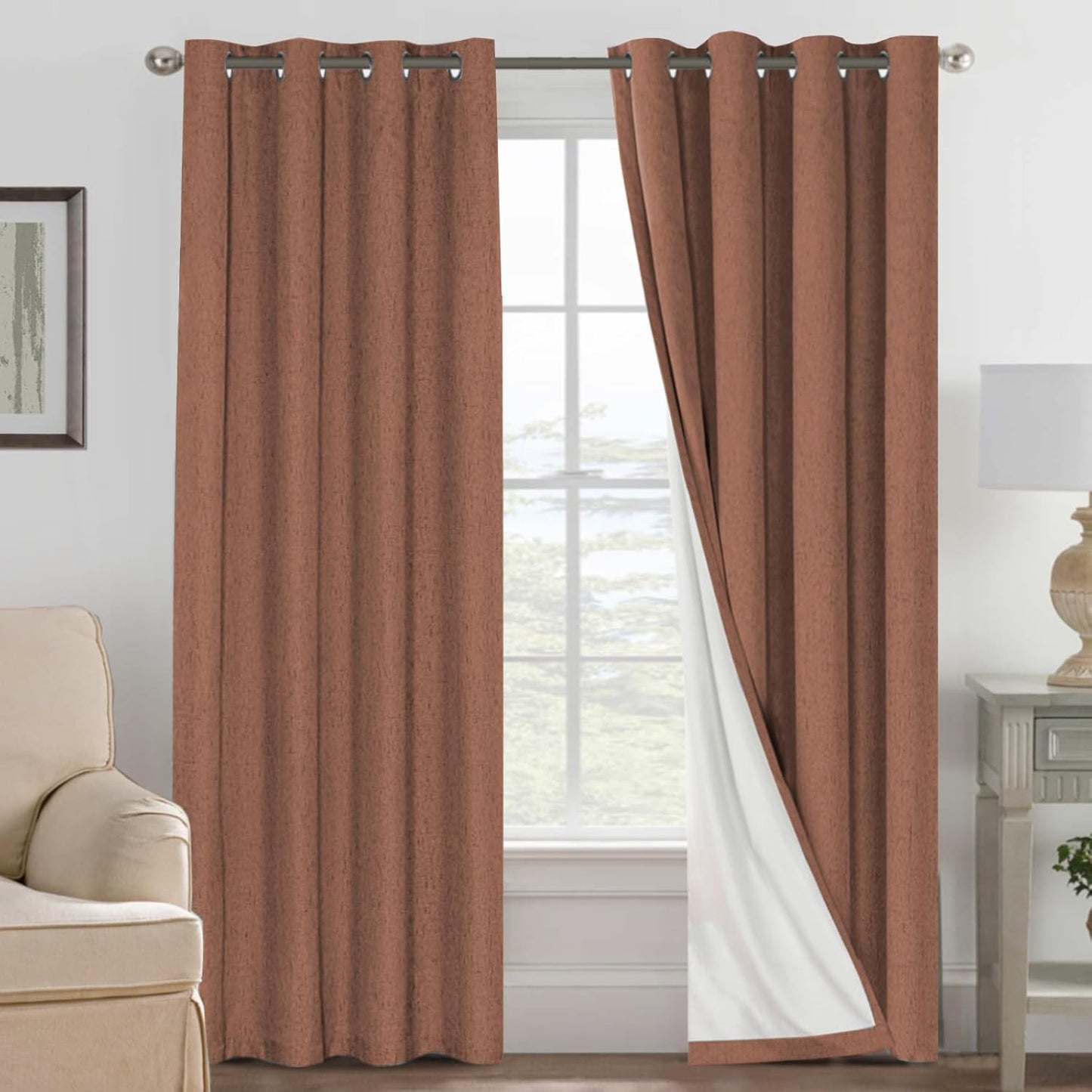 H.VERSAILTEX Linen Blackout Curtains 45 Inches Long 100% Blackout Thermal Insulated Textured Linen Look Curtain Draperies Anti-Rust Grommet, Energy Saving with White Liner, 2 Panels, Natural