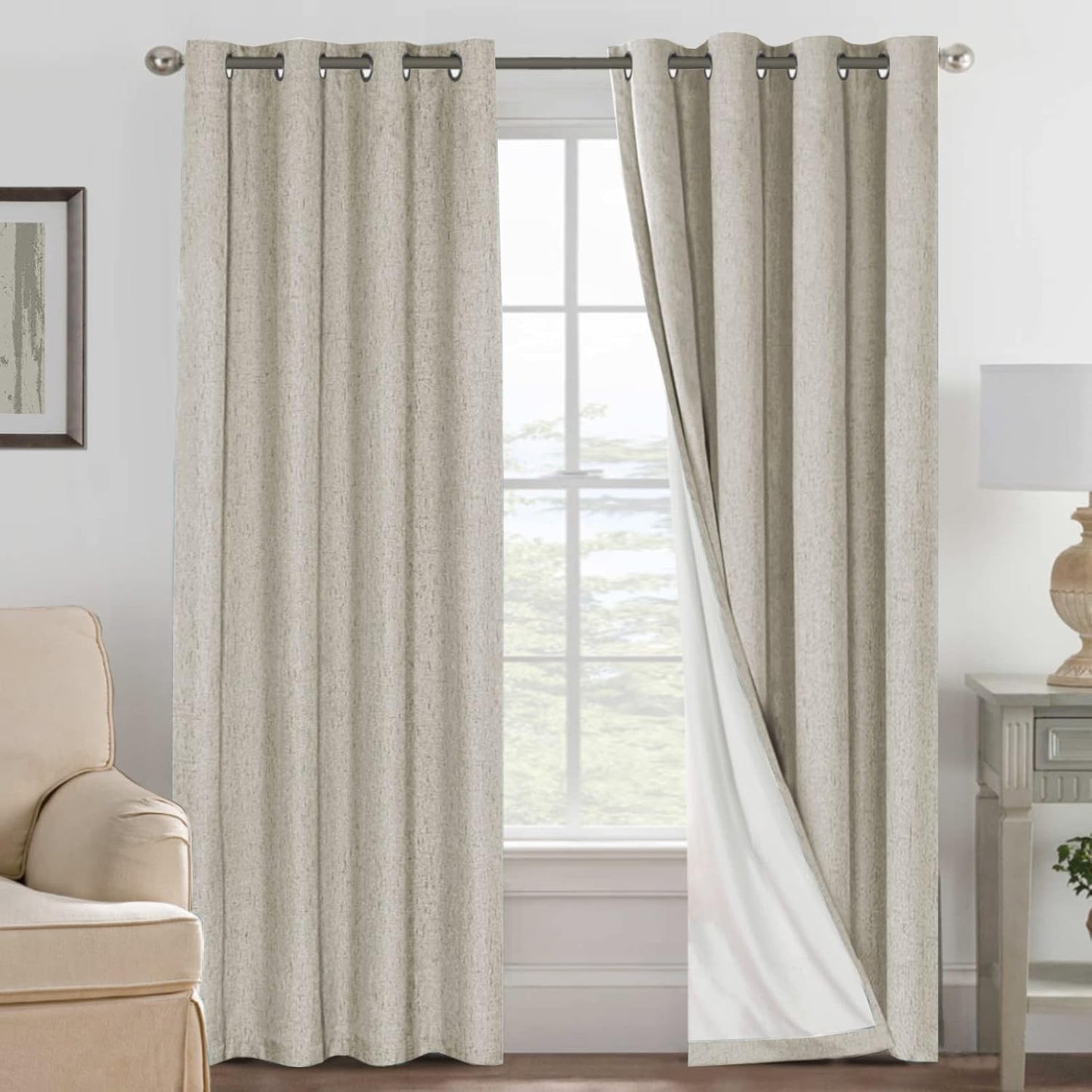 H.VERSAILTEX Linen Blackout Curtains 45 Inches Long 100% Blackout Thermal Insulated Textured Linen Look Curtain Draperies Anti-Rust Grommet, Energy Saving with White Liner, 2 Panels, Natural