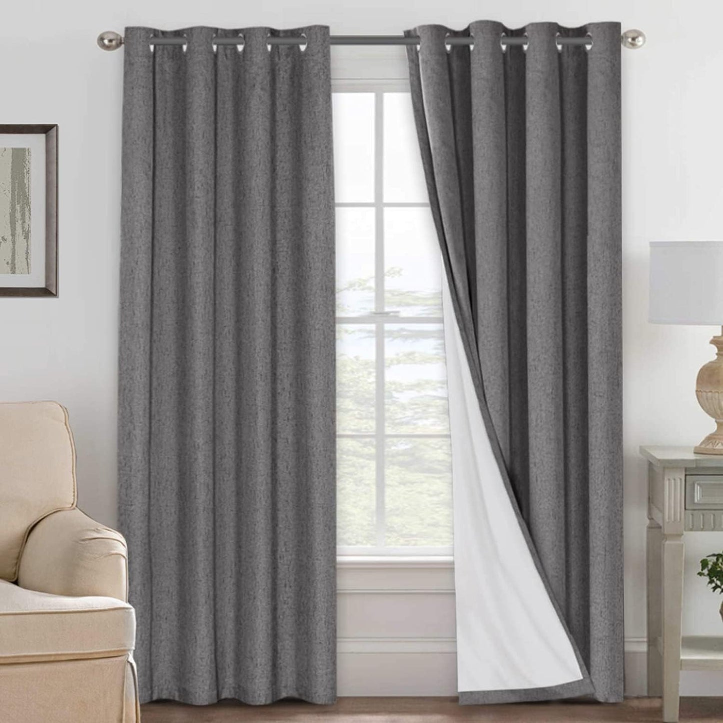H.VERSAILTEX Linen Blackout Curtains 45 Inches Long 100% Blackout Thermal Insulated Textured Linen Look Curtain Draperies Anti-Rust Grommet, Energy Saving with White Liner, 2 Panels, Natural