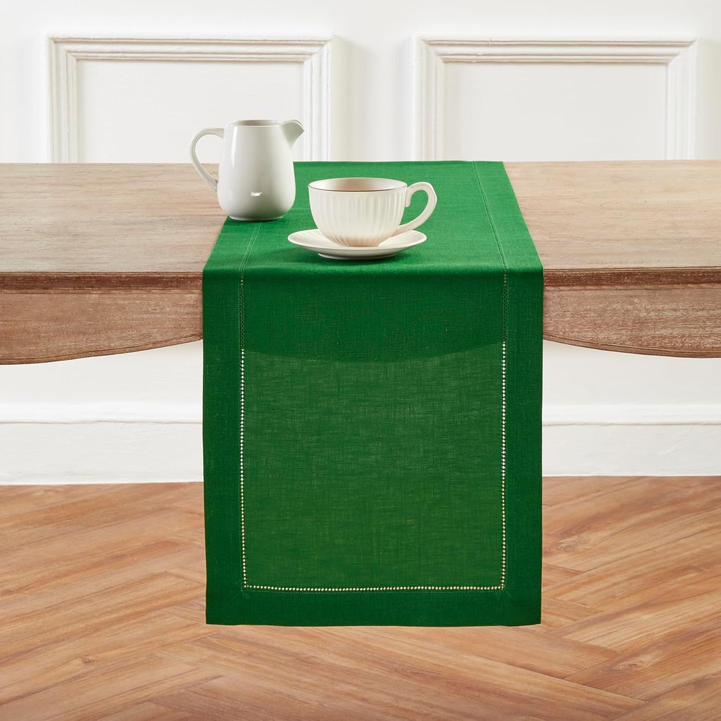 Solino Home Linen Table Runner 108 Inches Long - Classic Hemstitch 100% Pure Linen Light Natural Dining Table Runner 14 x 108 Inch for Fall, Autumn, Thanksgiving