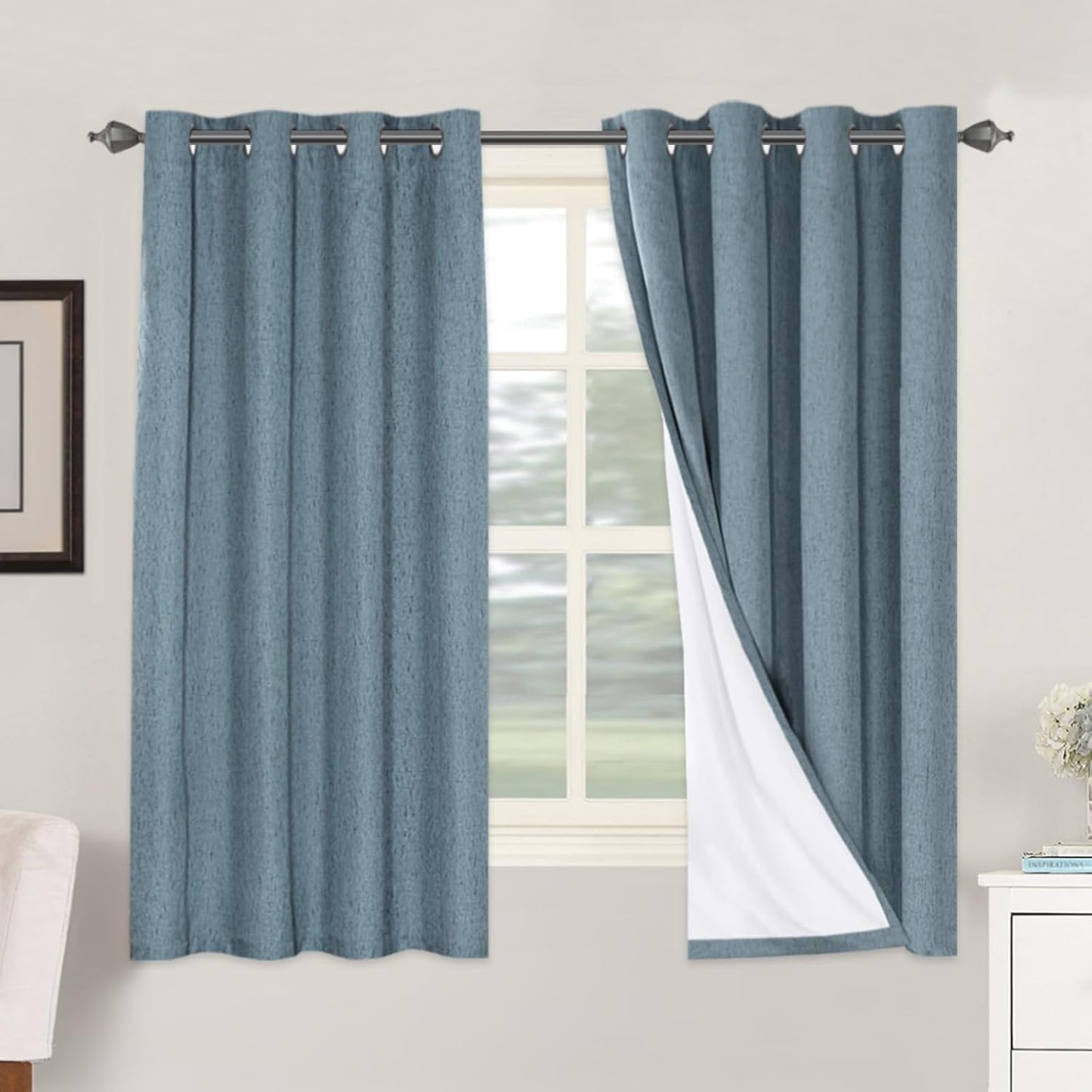 H.VERSAILTEX Linen Blackout Curtains 45 Inches Long 100% Blackout Thermal Insulated Textured Linen Look Curtain Draperies Anti-Rust Grommet, Energy Saving with White Liner, 2 Panels, Natural