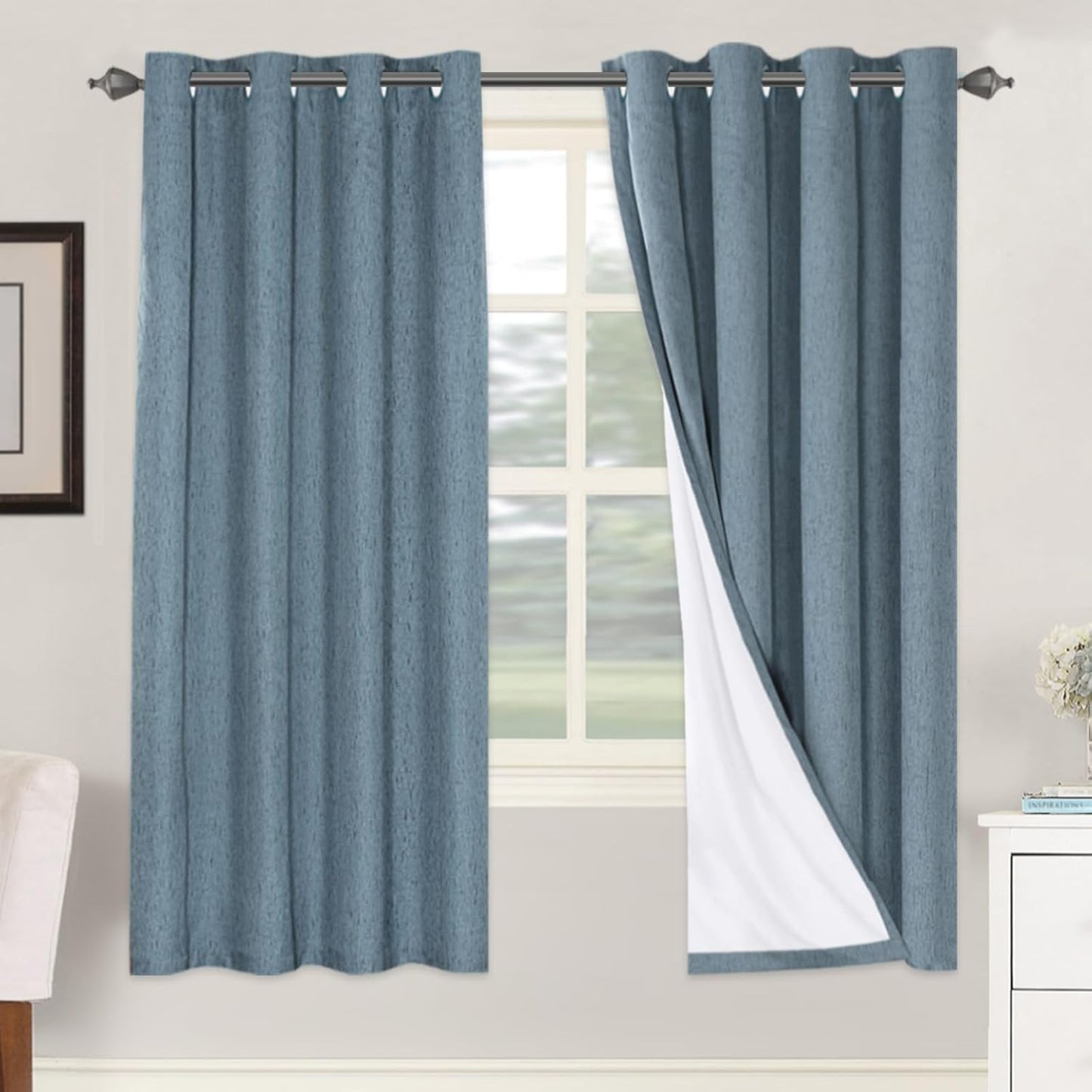 H.VERSAILTEX Linen Blackout Curtains 45 Inches Long 100% Blackout Thermal Insulated Textured Linen Look Curtain Draperies Anti-Rust Grommet, Energy Saving with White Liner, 2 Panels, Natural