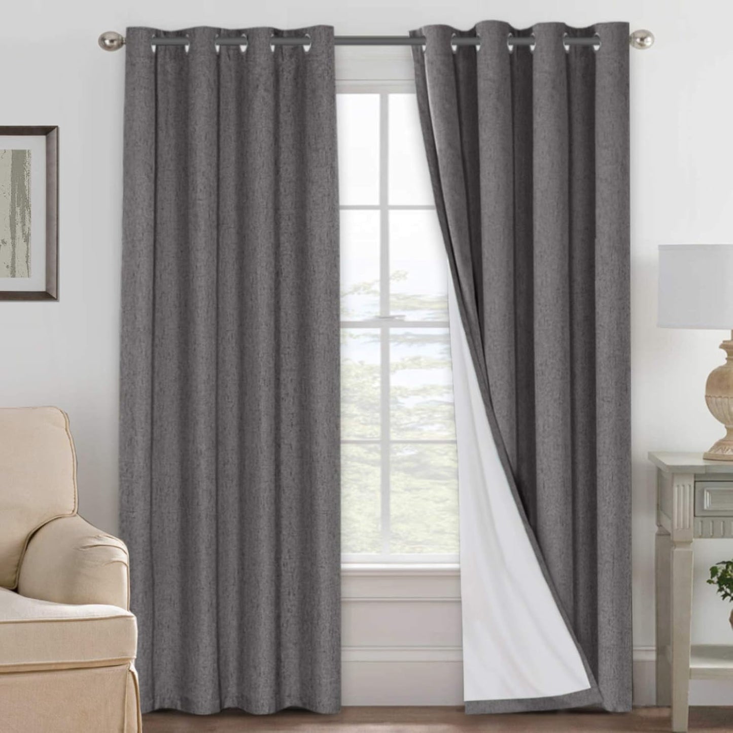 H.VERSAILTEX Linen Blackout Curtains 45 Inches Long 100% Blackout Thermal Insulated Textured Linen Look Curtain Draperies Anti-Rust Grommet, Energy Saving with White Liner, 2 Panels, Natural