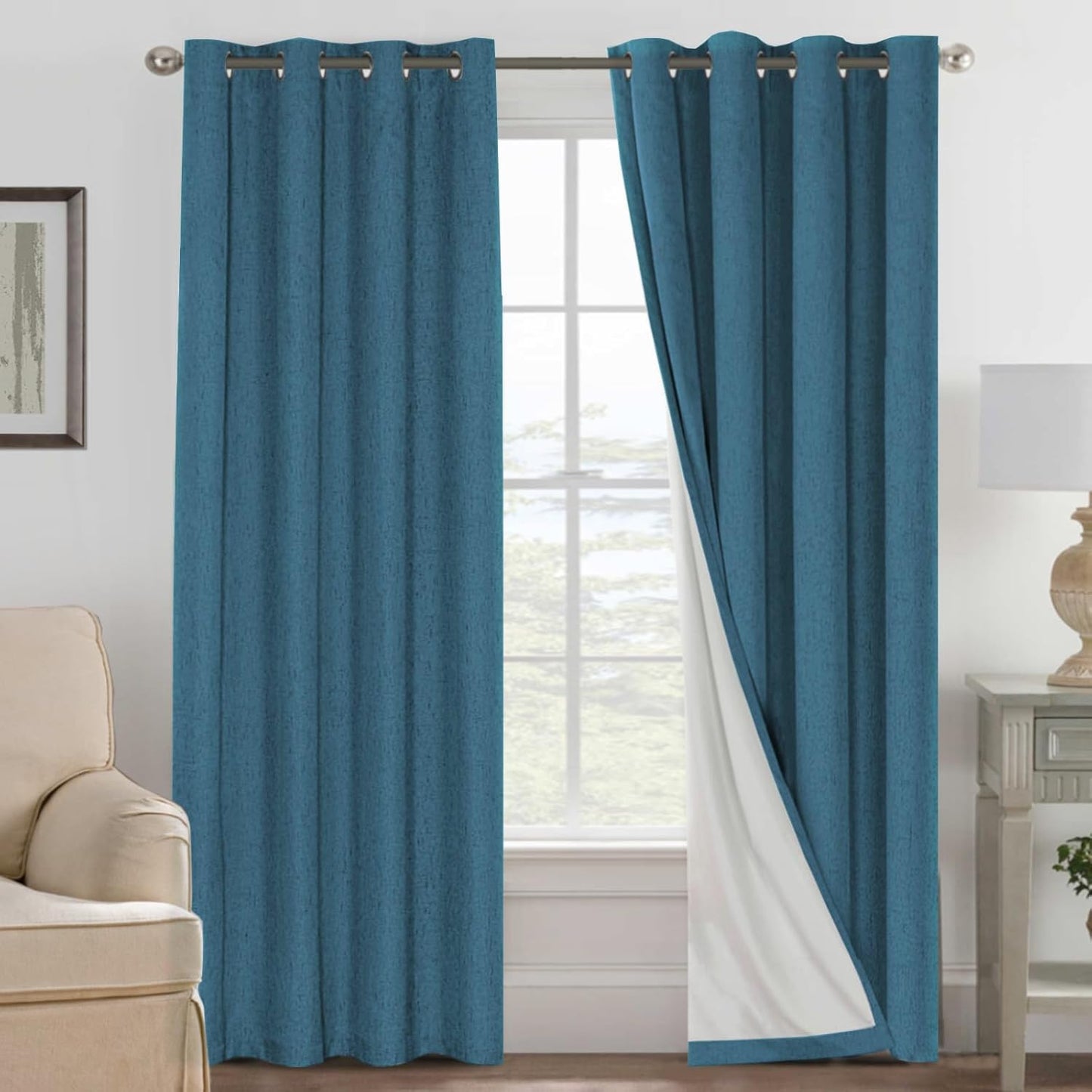 H.VERSAILTEX Linen Blackout Curtains 45 Inches Long 100% Blackout Thermal Insulated Textured Linen Look Curtain Draperies Anti-Rust Grommet, Energy Saving with White Liner, 2 Panels, Natural