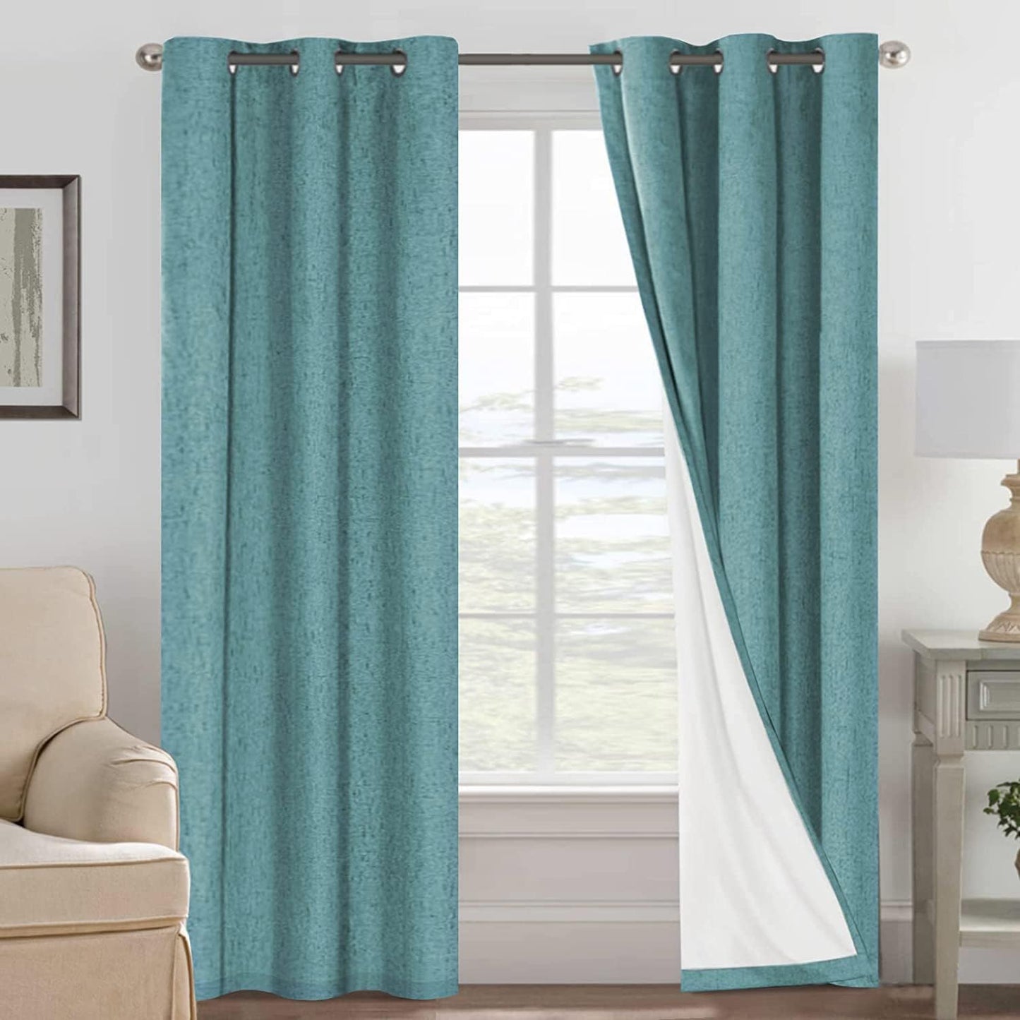 H.VERSAILTEX Linen Blackout Curtains 45 Inches Long 100% Blackout Thermal Insulated Textured Linen Look Curtain Draperies Anti-Rust Grommet, Energy Saving with White Liner, 2 Panels, Natural