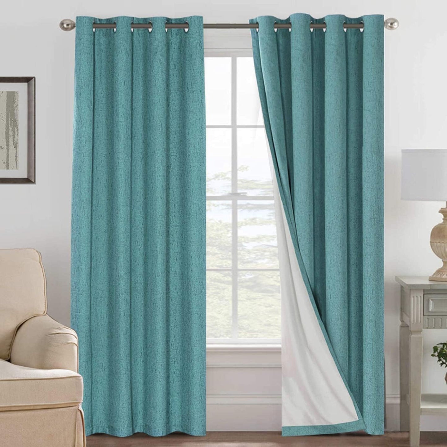 H.VERSAILTEX Linen Blackout Curtains 45 Inches Long 100% Blackout Thermal Insulated Textured Linen Look Curtain Draperies Anti-Rust Grommet, Energy Saving with White Liner, 2 Panels, Natural