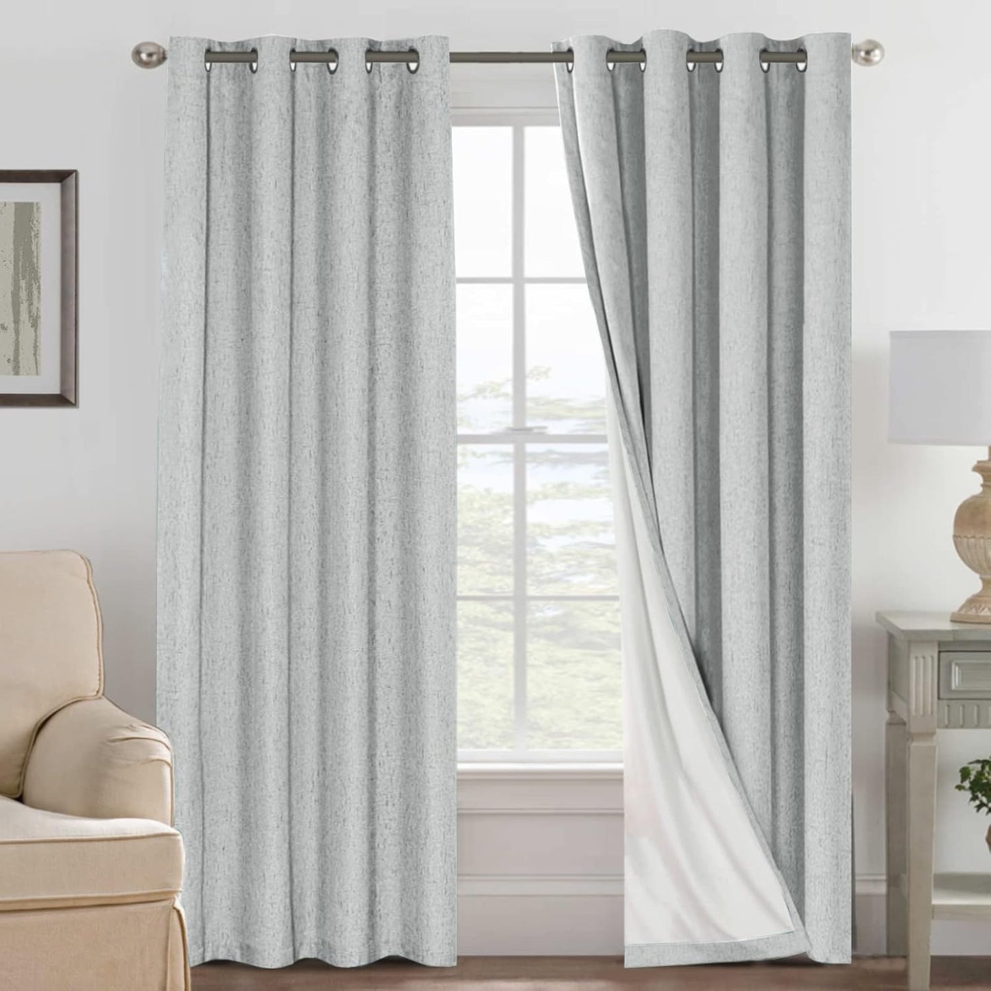 H.VERSAILTEX Linen Blackout Curtains 45 Inches Long 100% Blackout Thermal Insulated Textured Linen Look Curtain Draperies Anti-Rust Grommet, Energy Saving with White Liner, 2 Panels, Natural