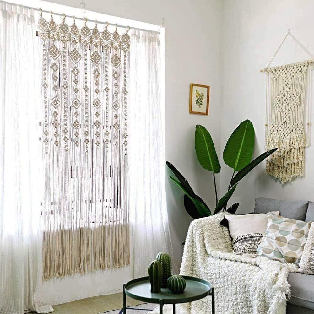 Boho Macrame Window Curtain Room Divider Doorway Curtain 79 x 35 Inches Large Long Macrame Wall Hanging for Living Room Bedroom Bohemian Home Decor Wedding Backdrop, Gypsophila - 1 Panel L