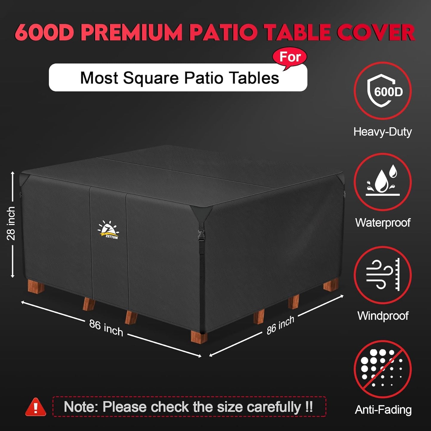 Zettum Patio Furniture Cover Square - 600D Outdoor Table Cover Waterproof & Heavy Duty, 86 Inch Large Lawn Furniture Set Covers for Outside Dining Table and Chairs Seating Combo - 86 x 86 x 28 Inch