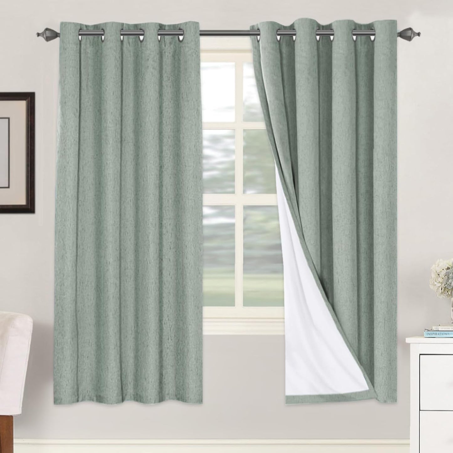 H.VERSAILTEX Linen Blackout Curtains 45 Inches Long 100% Blackout Thermal Insulated Textured Linen Look Curtain Draperies Anti-Rust Grommet, Energy Saving with White Liner, 2 Panels, Natural