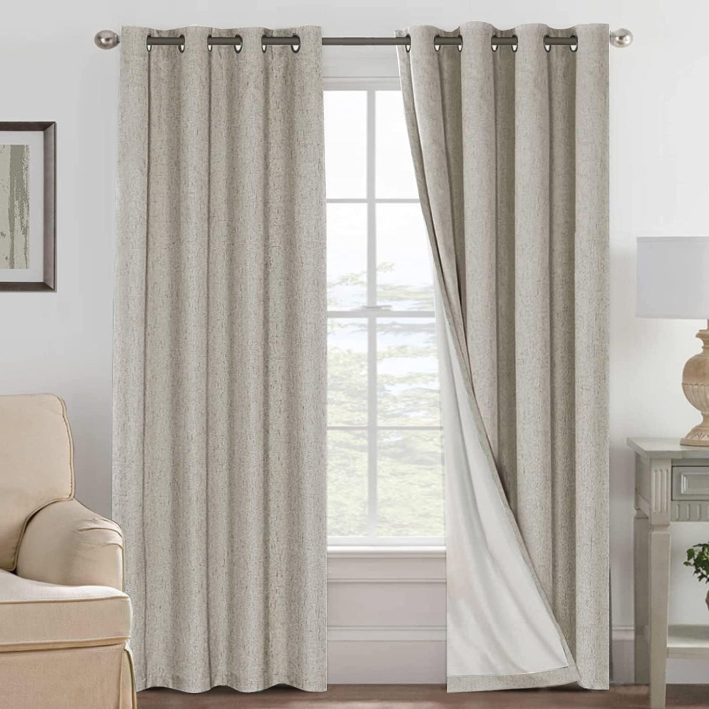 H.VERSAILTEX Linen Blackout Curtains 45 Inches Long 100% Blackout Thermal Insulated Textured Linen Look Curtain Draperies Anti-Rust Grommet, Energy Saving with White Liner, 2 Panels, Natural