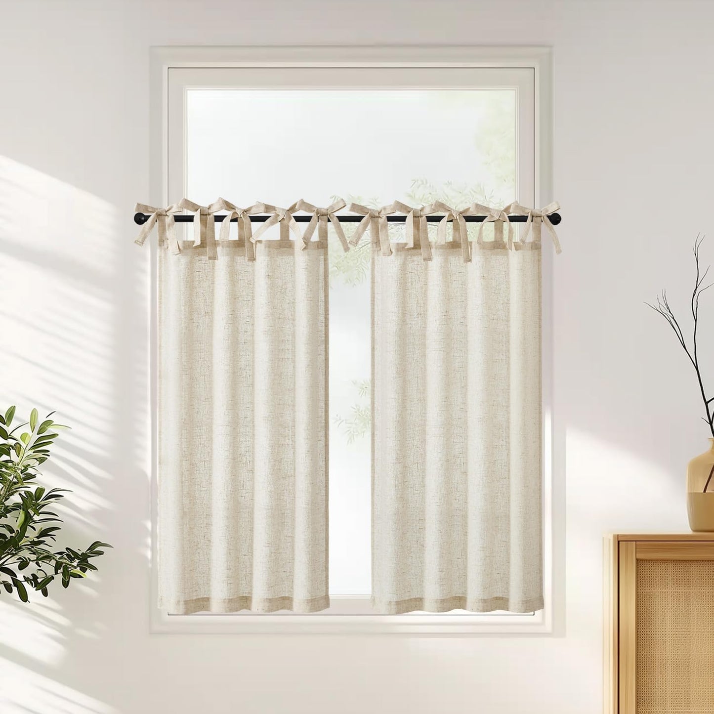 jinchan Floral Linen Tier Curtains 36 Inch Farmhouse Cafe Curtains Tie Top Botanic Drapes for Small Windows Over Sink for Kitchen Country Rustic Laundry Room Bathroom RV 2 Panels Black on Beige