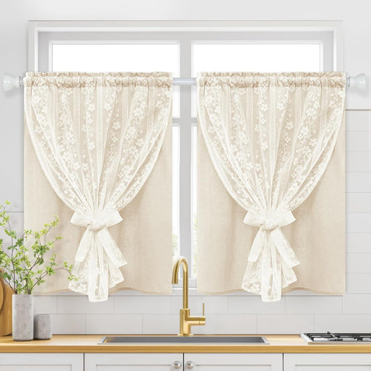 ASPMIZ Linen Kitchen Curtains 36 Inch Length, Double Layered Window Curtain 2 Panel Sets Rod Pocket Short Curtains for Kitchen, Farmhouse Window Treatment Tiers for Bathroom, Cafe, Beige