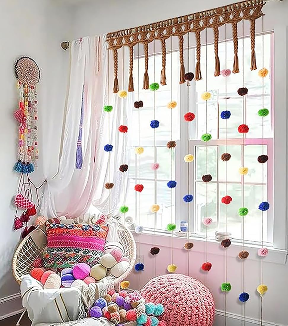 Macrame Curtain Long Cotton Window Panel Boho Curtains for Bedroom Wedding Backdrop Room Divider Doorway Closet Apartment 35''W x 70''L
