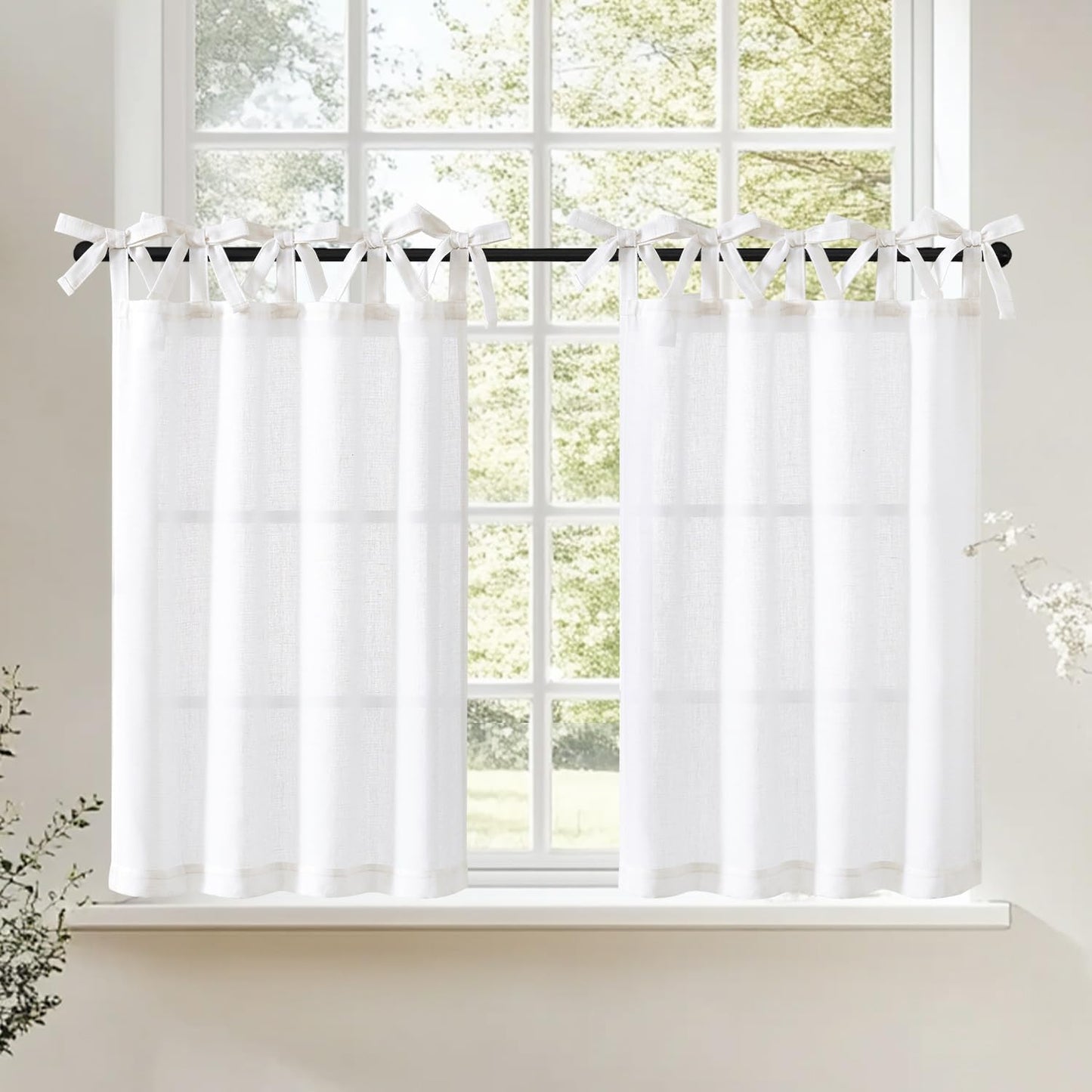 jinchan Floral Linen Tier Curtains 36 Inch Farmhouse Cafe Curtains Tie Top Botanic Drapes for Small Windows Over Sink for Kitchen Country Rustic Laundry Room Bathroom RV 2 Panels Black on Beige