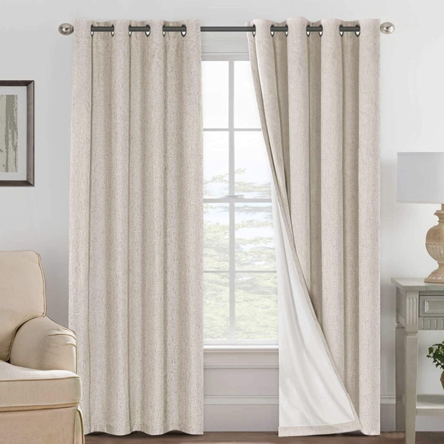 H.VERSAILTEX Linen Blackout Curtains 45 Inches Long 100% Blackout Thermal Insulated Textured Linen Look Curtain Draperies Anti-Rust Grommet, Energy Saving with White Liner, 2 Panels, Natural