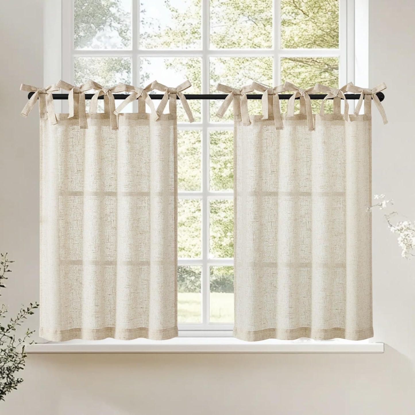 jinchan Floral Linen Tier Curtains 36 Inch Farmhouse Cafe Curtains Tie Top Botanic Drapes for Small Windows Over Sink for Kitchen Country Rustic Laundry Room Bathroom RV 2 Panels Black on Beige