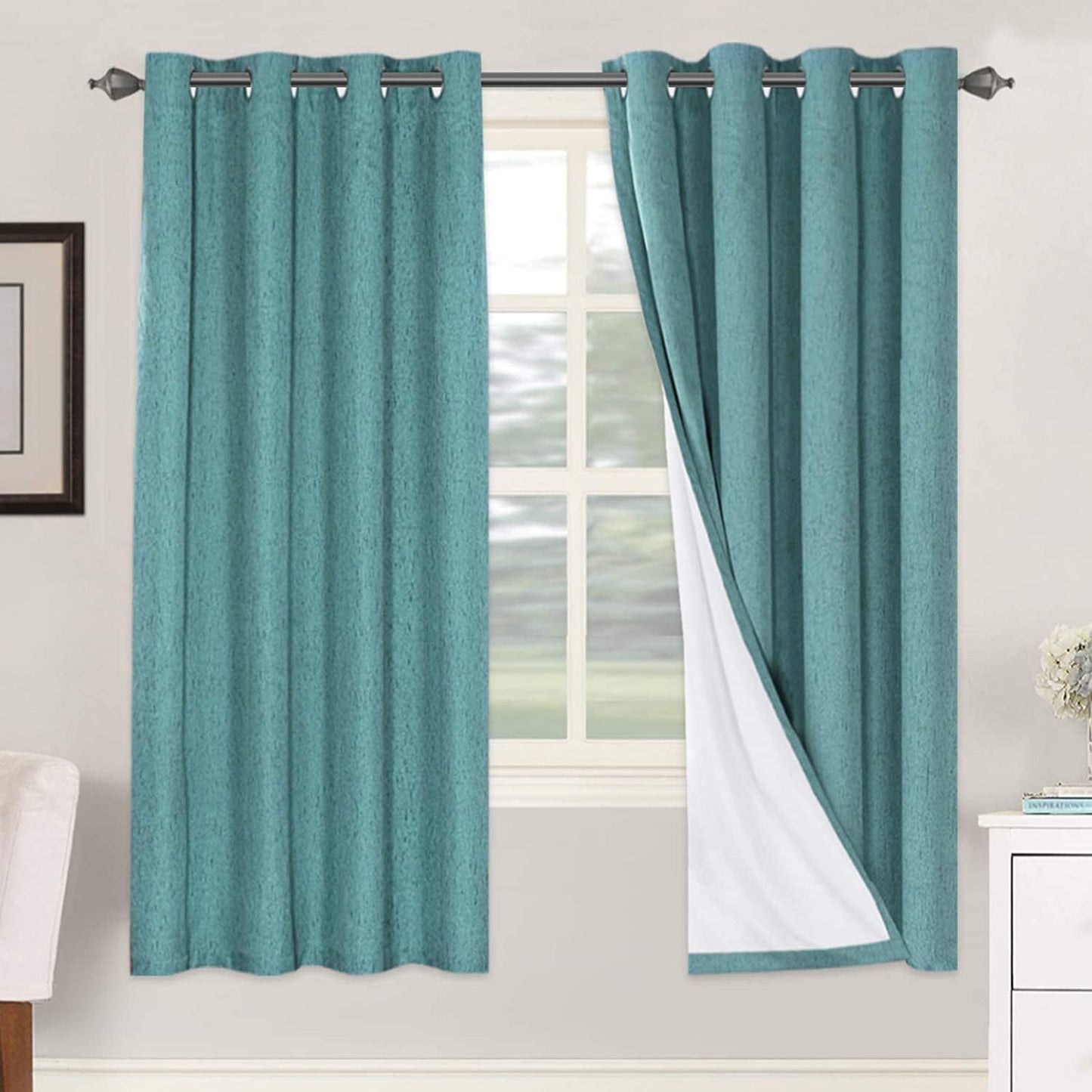 H.VERSAILTEX Linen Blackout Curtains 45 Inches Long 100% Blackout Thermal Insulated Textured Linen Look Curtain Draperies Anti-Rust Grommet, Energy Saving with White Liner, 2 Panels, Natural