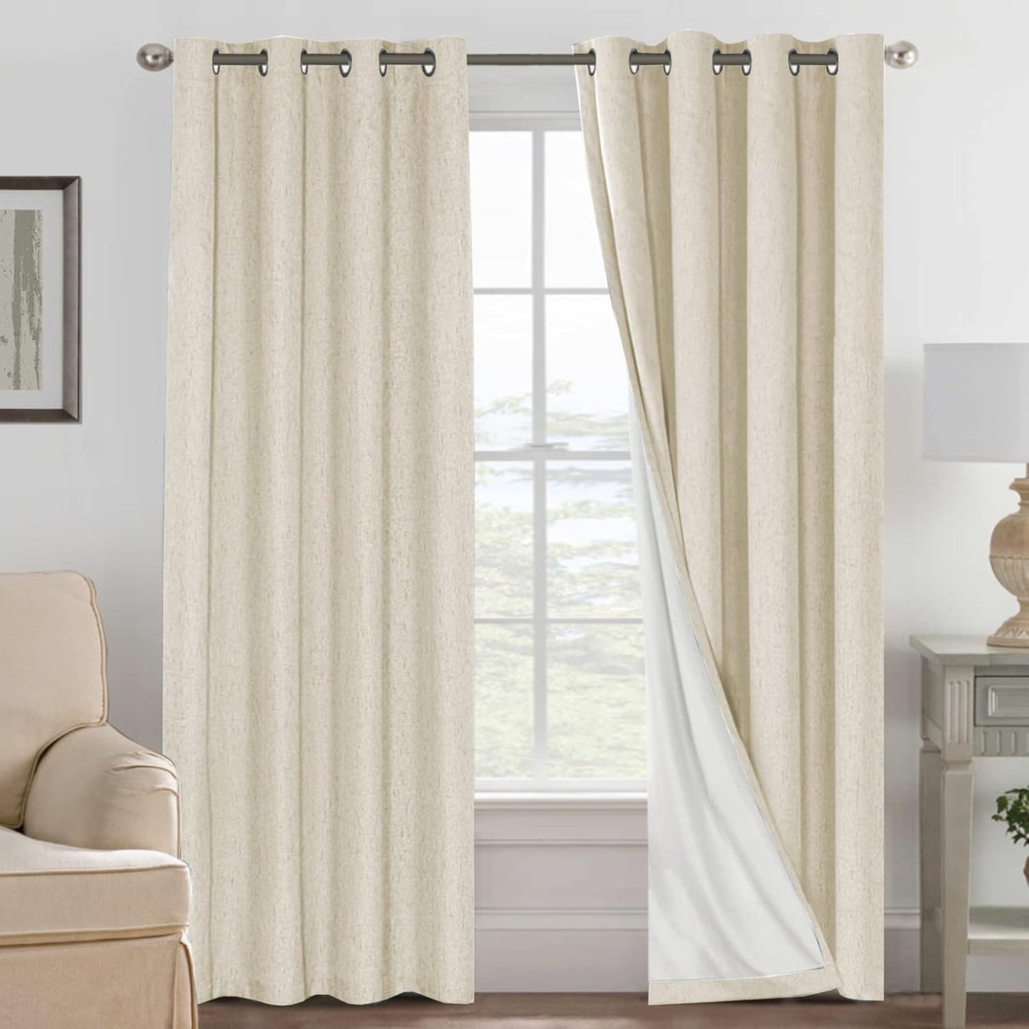 H.VERSAILTEX Linen Blackout Curtains 45 Inches Long 100% Blackout Thermal Insulated Textured Linen Look Curtain Draperies Anti-Rust Grommet, Energy Saving with White Liner, 2 Panels, Natural
