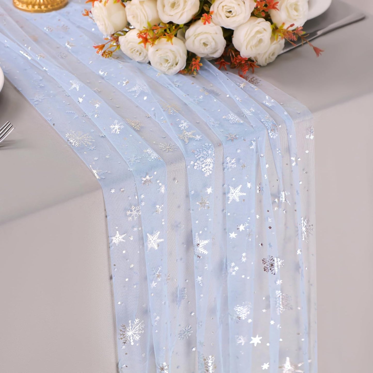 Snowkingdom 10 Pack 10ft Gold Table Runners, Sheer Chiffon Tulle Cheesecloth Sequin Glitter Metallic, Golden Centerpieces Table Decorations for Party Wedding Christmas Birthday Bridal Baby Shower