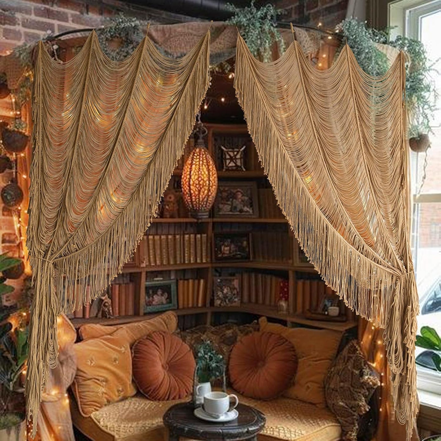 Macrame Curtain Boho Curtain Doorway Window Wall Decor Fiber Yarn Art Handwoven Wall Hanging Art Craftsmanship Home Door Bedroom Wedding Backdrop Arch,Closet Room Divider 59" W x 75" H (1 Panel,Khaki)