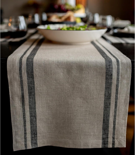 Solino Home Linen Table Runner 90 Inches Long - French Stripe, 100% Pure Linen Black and Natural Farmhouse Table Runner 14 x 90 Inch Ideal for Dining, Fall, Autumn, Thanksgiving, Holiday