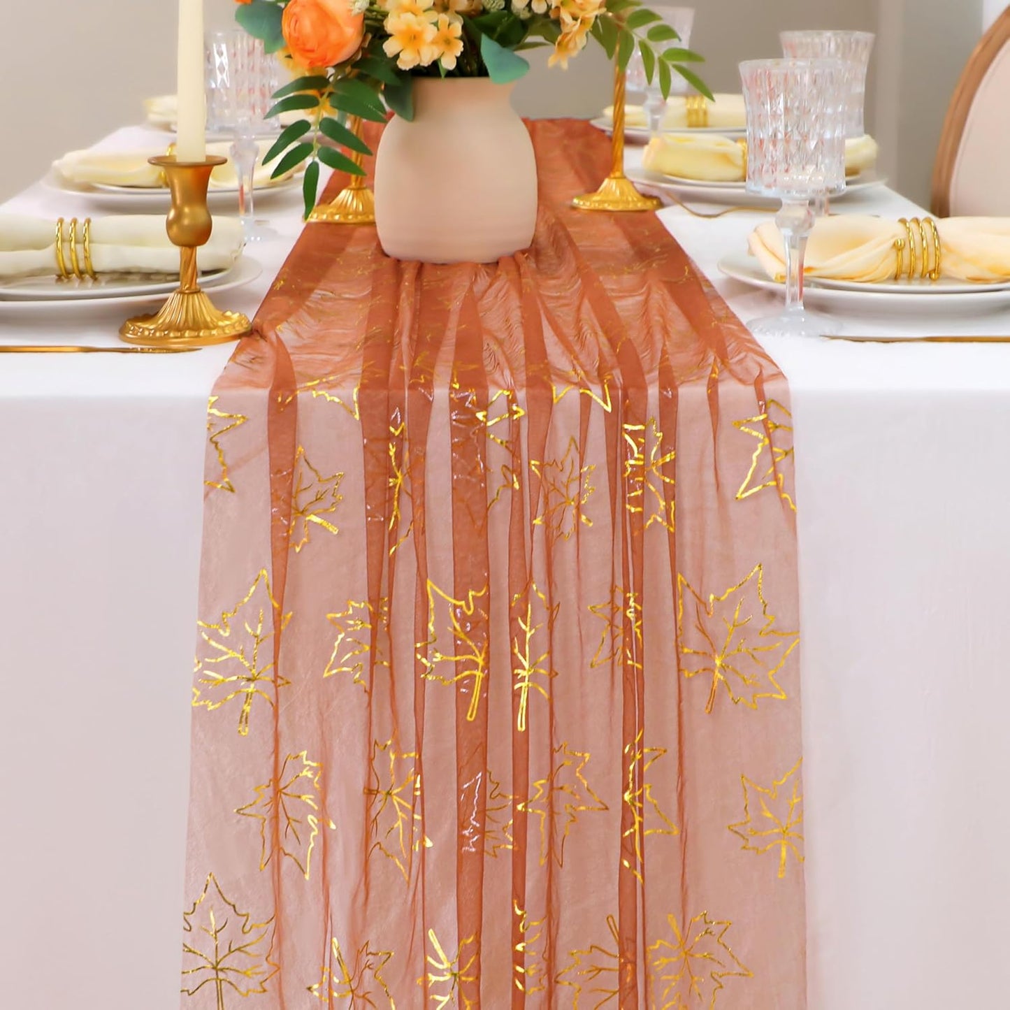 Snowkingdom 10 Pack 10ft Gold Table Runners, Sheer Chiffon Tulle Cheesecloth Sequin Glitter Metallic, Golden Centerpieces Table Decorations for Party Wedding Christmas Birthday Bridal Baby Shower