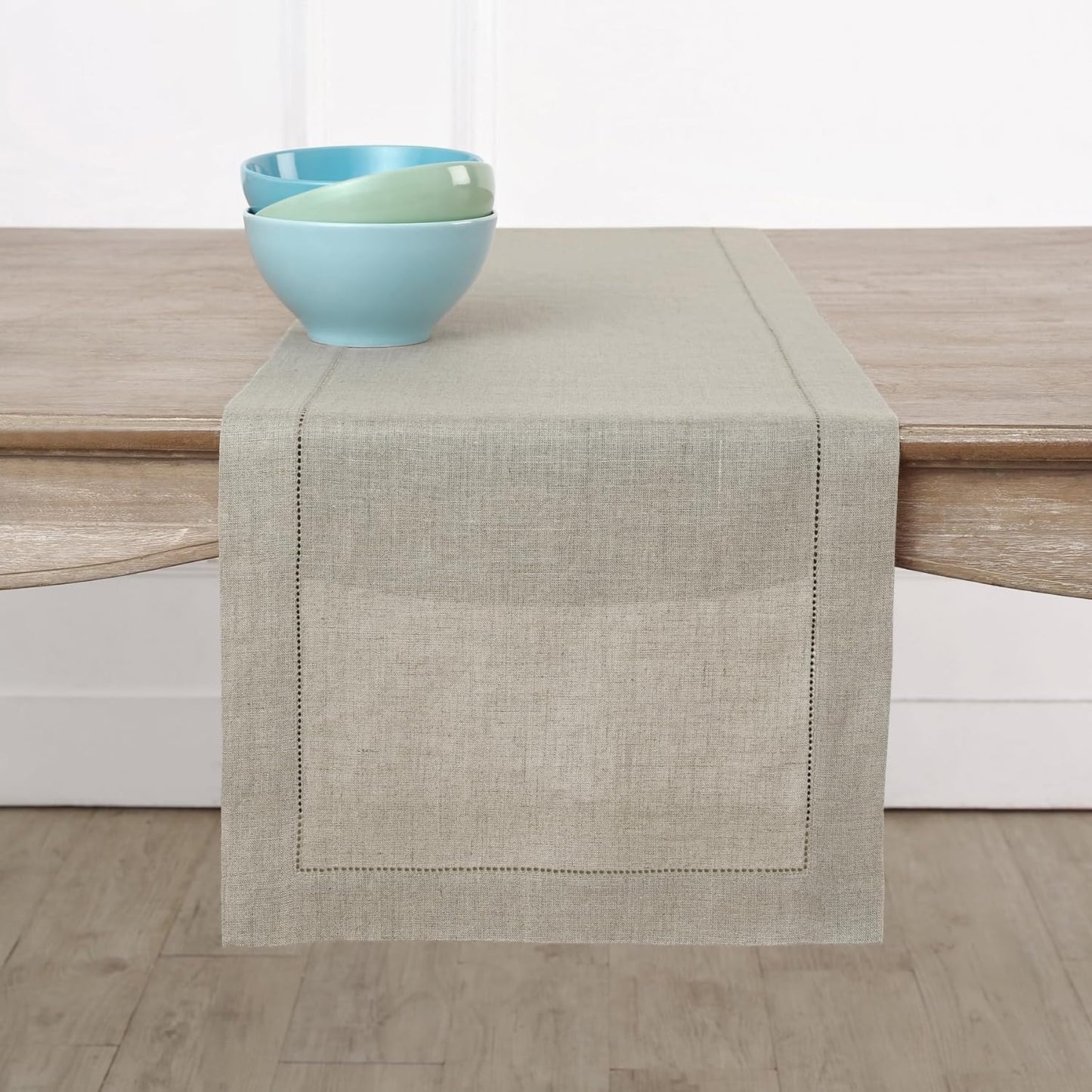 Solino Home Linen Table Runner 108 Inches Long - Classic Hemstitch 100% Pure Linen Light Natural Dining Table Runner 14 x 108 Inch for Fall, Autumn, Thanksgiving