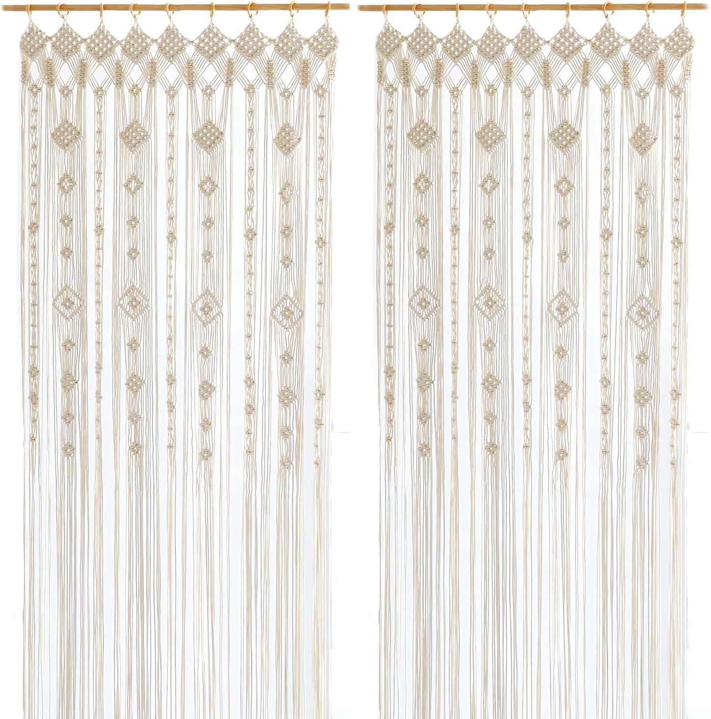 Boho Macrame Window Curtain Room Divider Doorway Curtain 79 x 35 Inches Large Long Macrame Wall Hanging for Living Room Bedroom Bohemian Home Decor Wedding Backdrop, Gypsophila - 1 Panel L