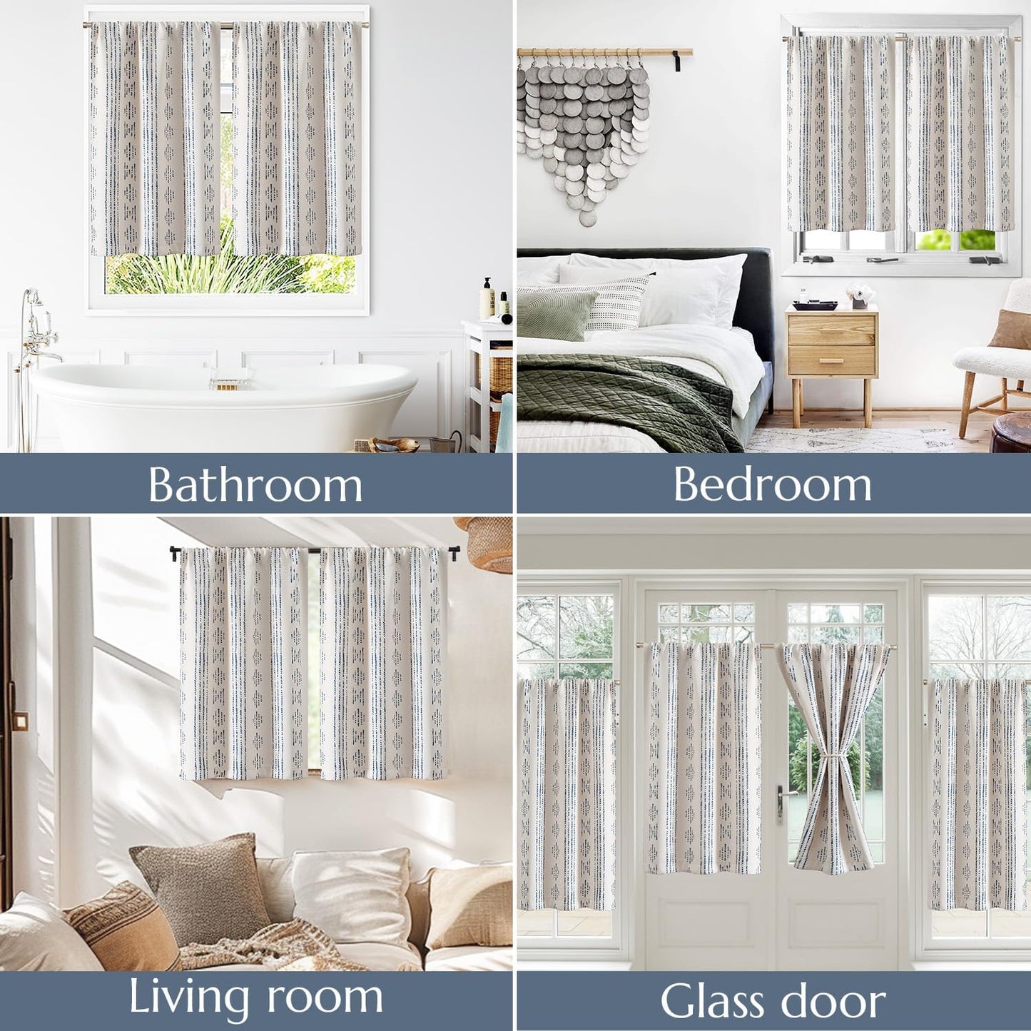 jinchan 95% Blackout Boho Kitchen Curtains 36 Inches Cafe Tier Curtains Bohemian Small Drapes for Bedroom RV Basement Half Window Room Darkening Thermal Insulated 2 Panels Blue on Beige