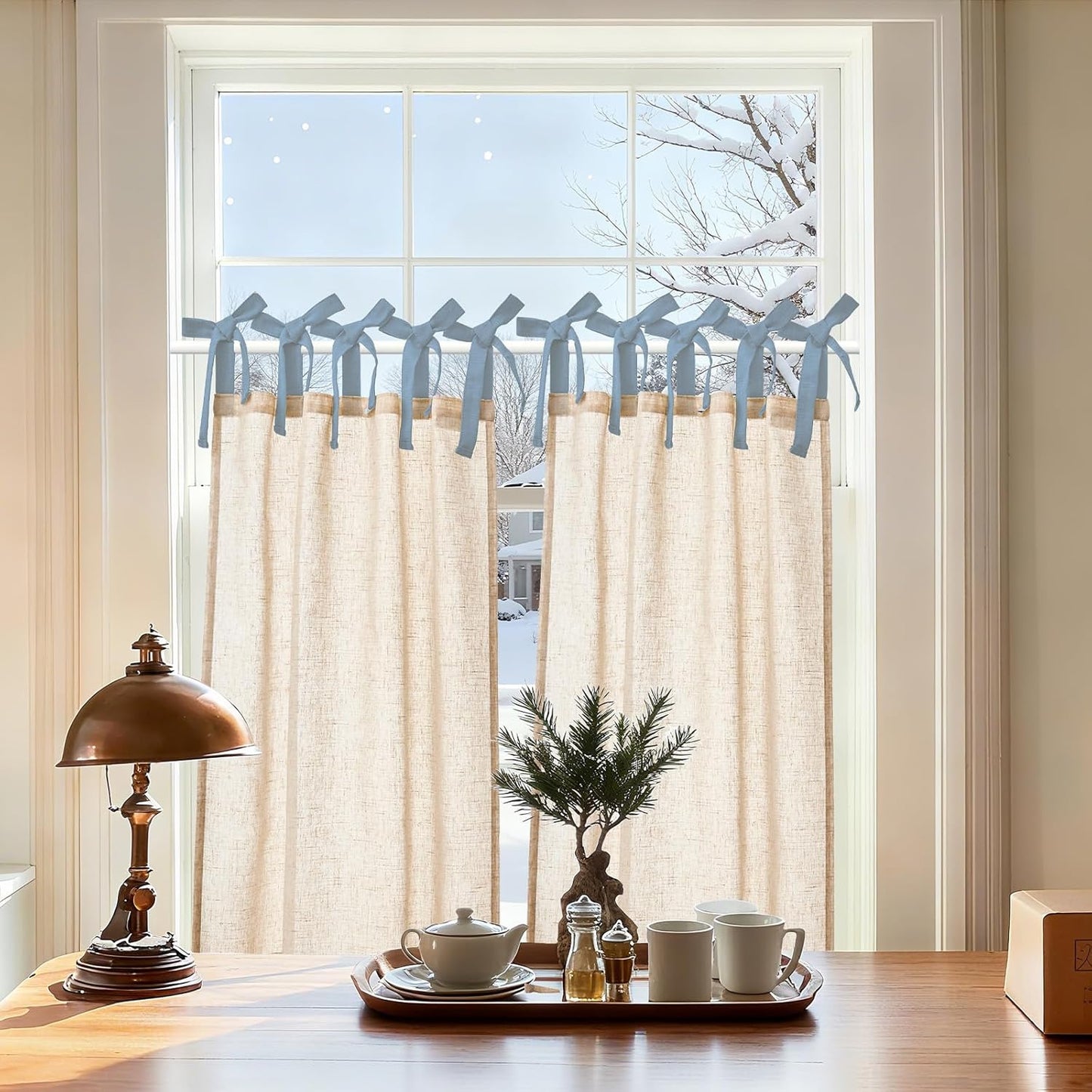 jinchan Floral Linen Tier Curtains 36 Inch Farmhouse Cafe Curtains Tie Top Botanic Drapes for Small Windows Over Sink for Kitchen Country Rustic Laundry Room Bathroom RV 2 Panels Black on Beige