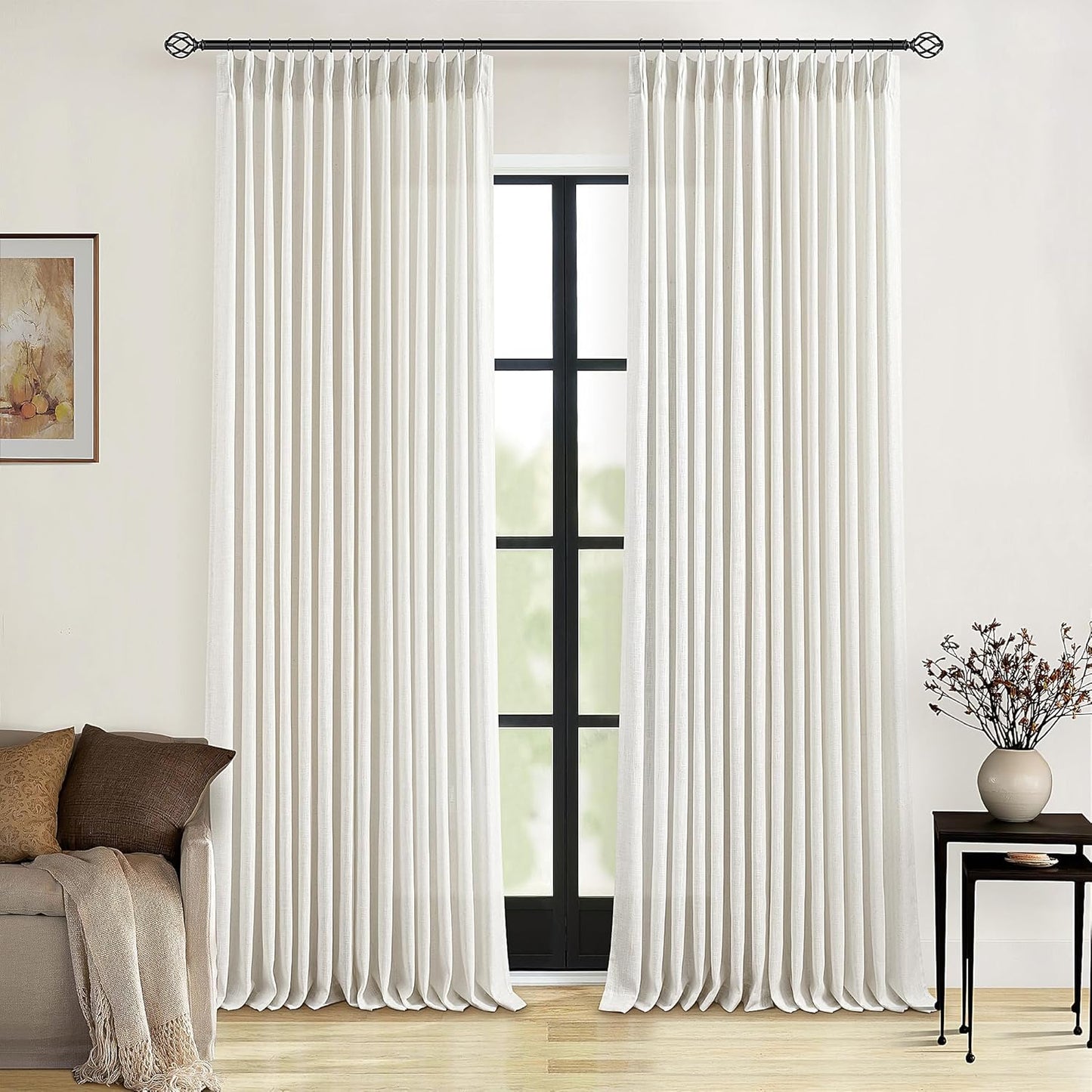 Natural Linen Kitchen Curtains 45 Inches Long 2 Sets Basement Curtains for Small Window Cream Ivory Pinch Pleated Back Tab Linen Blend Short Boho Semi Sheer Back Tab Drapes for Bay Windows 40x45