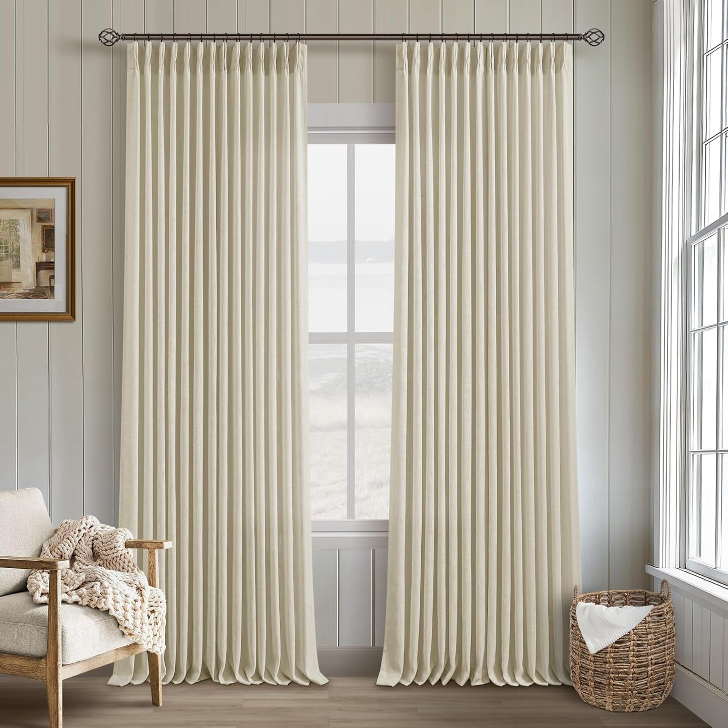 Natural Linen Kitchen Curtains 45 Inches Long 2 Sets Basement Curtains for Small Window Cream Ivory Pinch Pleated Back Tab Linen Blend Short Boho Semi Sheer Back Tab Drapes for Bay Windows 40x45