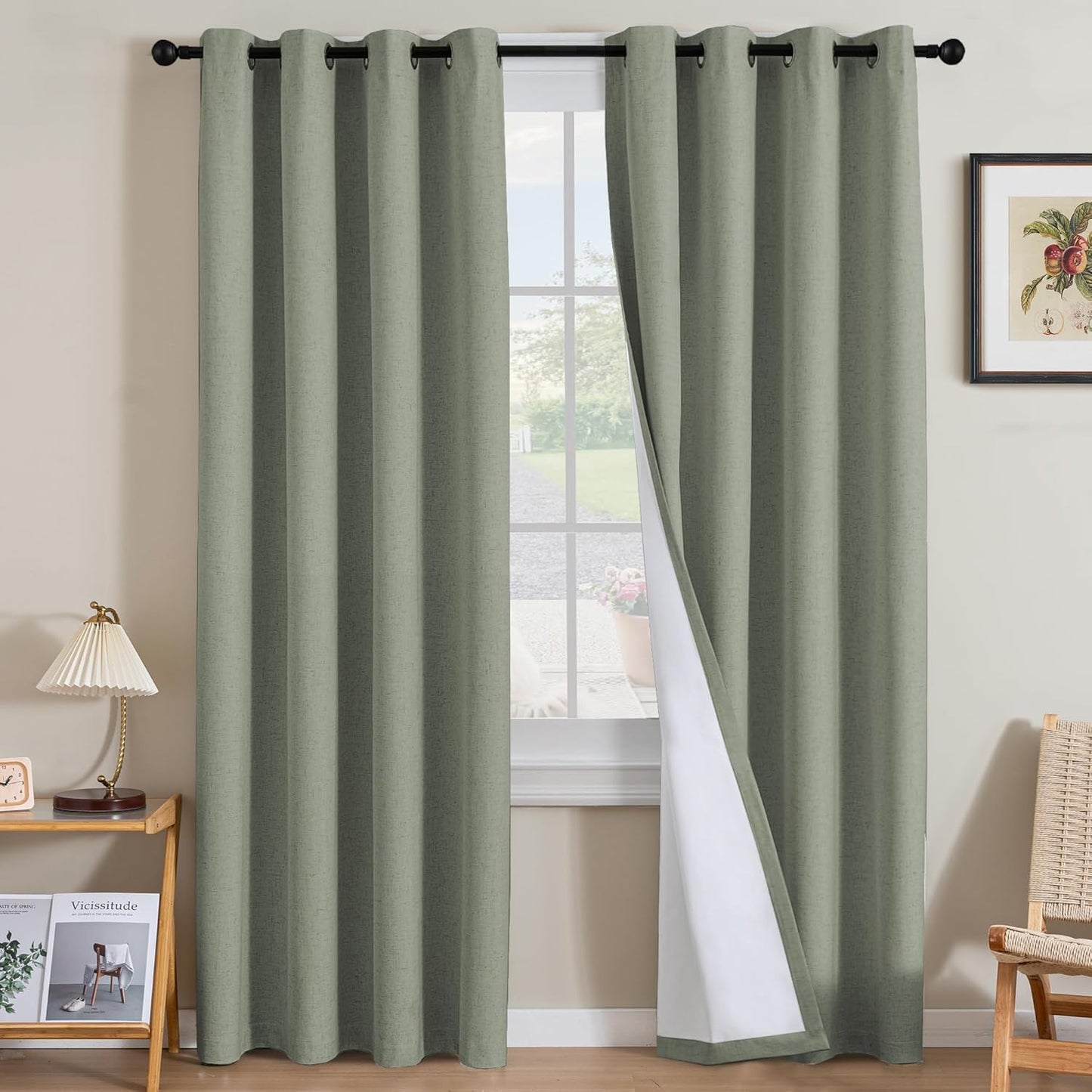 H.VERSAILTEX Linen Blackout Curtains 45 Inches Long 100% Blackout Thermal Insulated Textured Linen Look Curtain Draperies Anti-Rust Grommet, Energy Saving with White Liner, 2 Panels, Natural