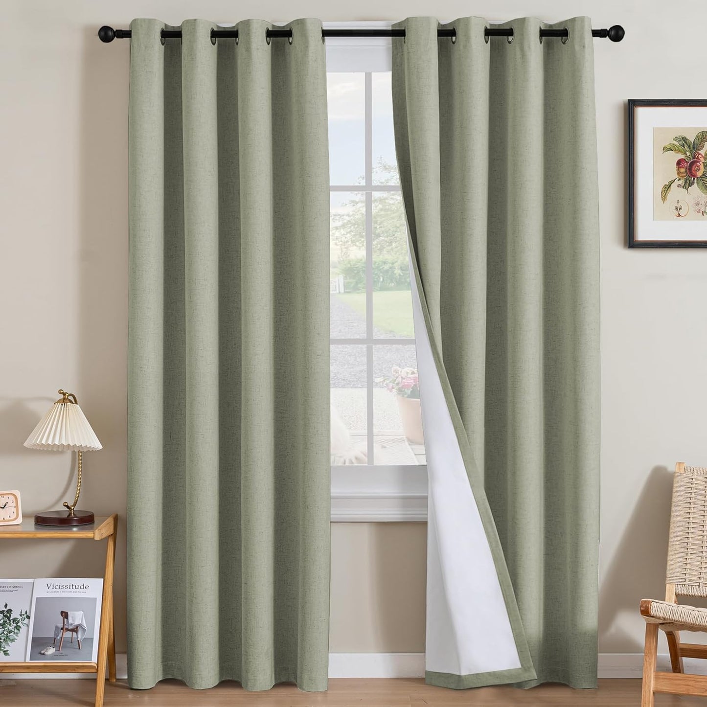 H.VERSAILTEX Linen Blackout Curtains 45 Inches Long 100% Blackout Thermal Insulated Textured Linen Look Curtain Draperies Anti-Rust Grommet, Energy Saving with White Liner, 2 Panels, Natural