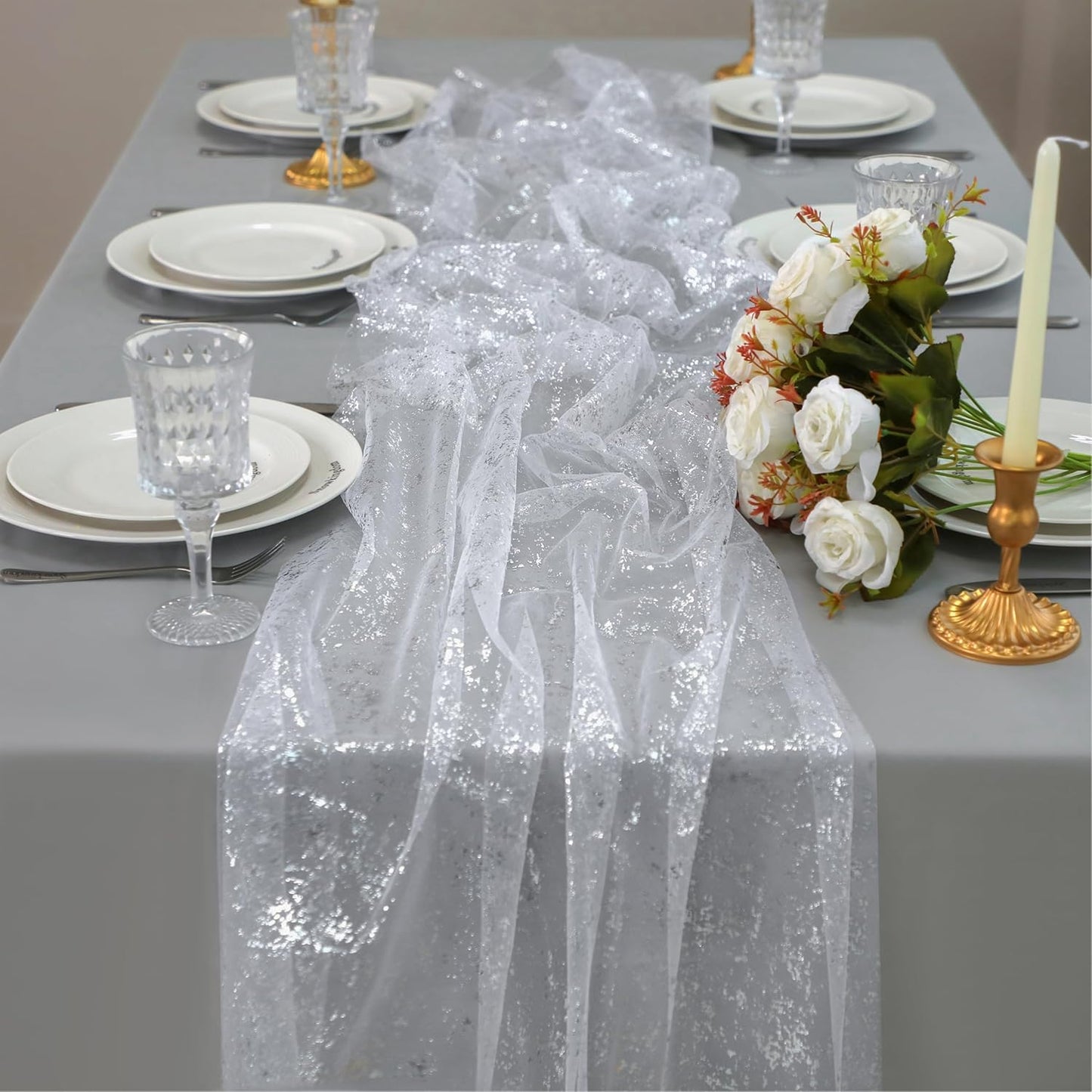 Snowkingdom 10 Pack 10ft Gold Table Runners, Sheer Chiffon Tulle Cheesecloth Sequin Glitter Metallic, Golden Centerpieces Table Decorations for Party Wedding Christmas Birthday Bridal Baby Shower