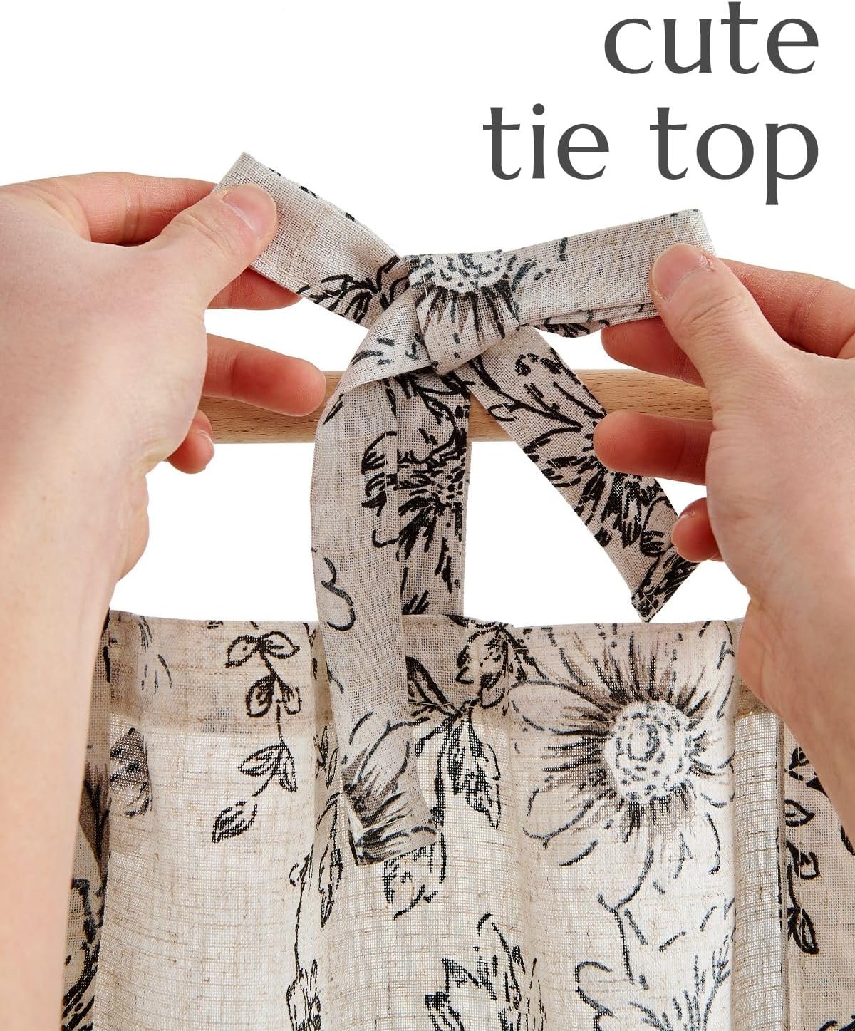 jinchan Floral Linen Tier Curtains 36 Inch Farmhouse Cafe Curtains Tie Top Botanic Drapes for Small Windows Over Sink for Kitchen Country Rustic Laundry Room Bathroom RV 2 Panels Black on Beige