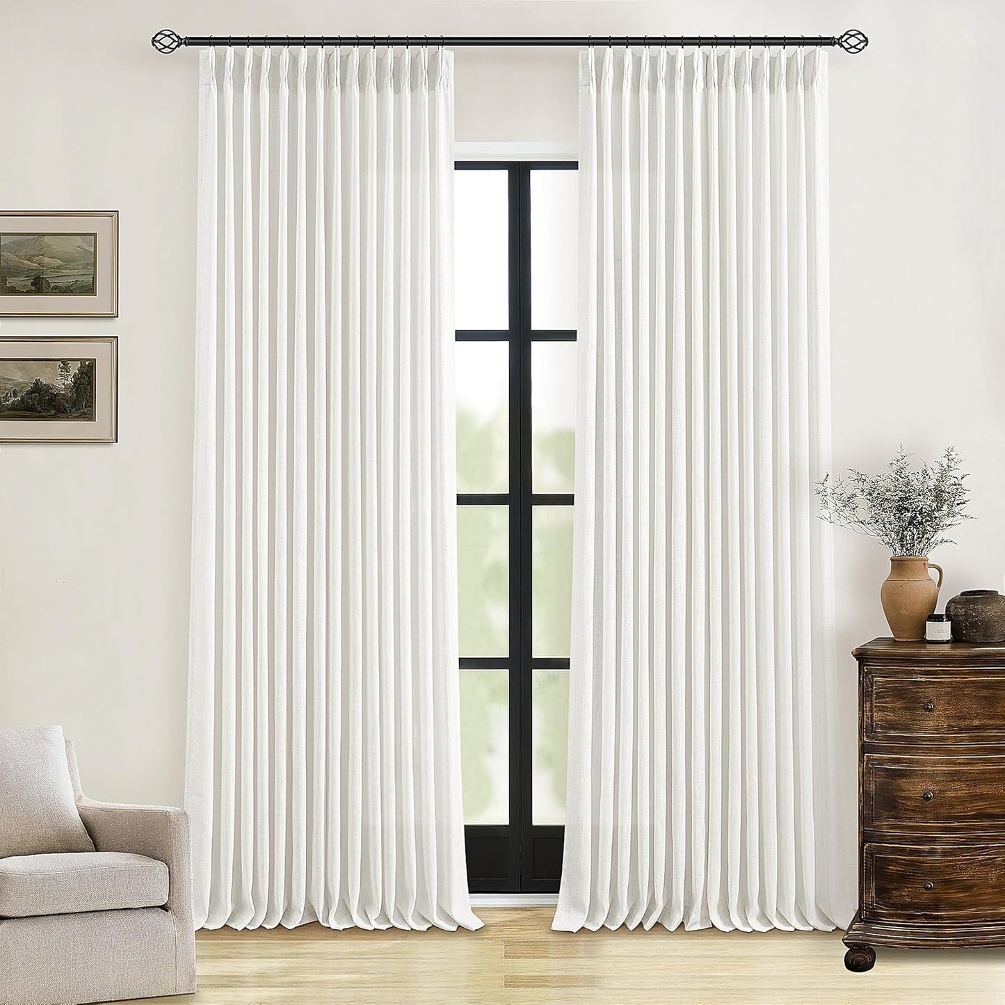 Natural Linen Kitchen Curtains 45 Inches Long 2 Sets Basement Curtains for Small Window Cream Ivory Pinch Pleated Back Tab Linen Blend Short Boho Semi Sheer Back Tab Drapes for Bay Windows 40x45