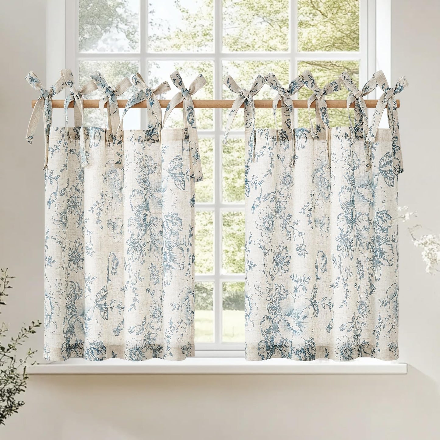 jinchan Floral Linen Tier Curtains 36 Inch Farmhouse Cafe Curtains Tie Top Botanic Drapes for Small Windows Over Sink for Kitchen Country Rustic Laundry Room Bathroom RV 2 Panels Black on Beige