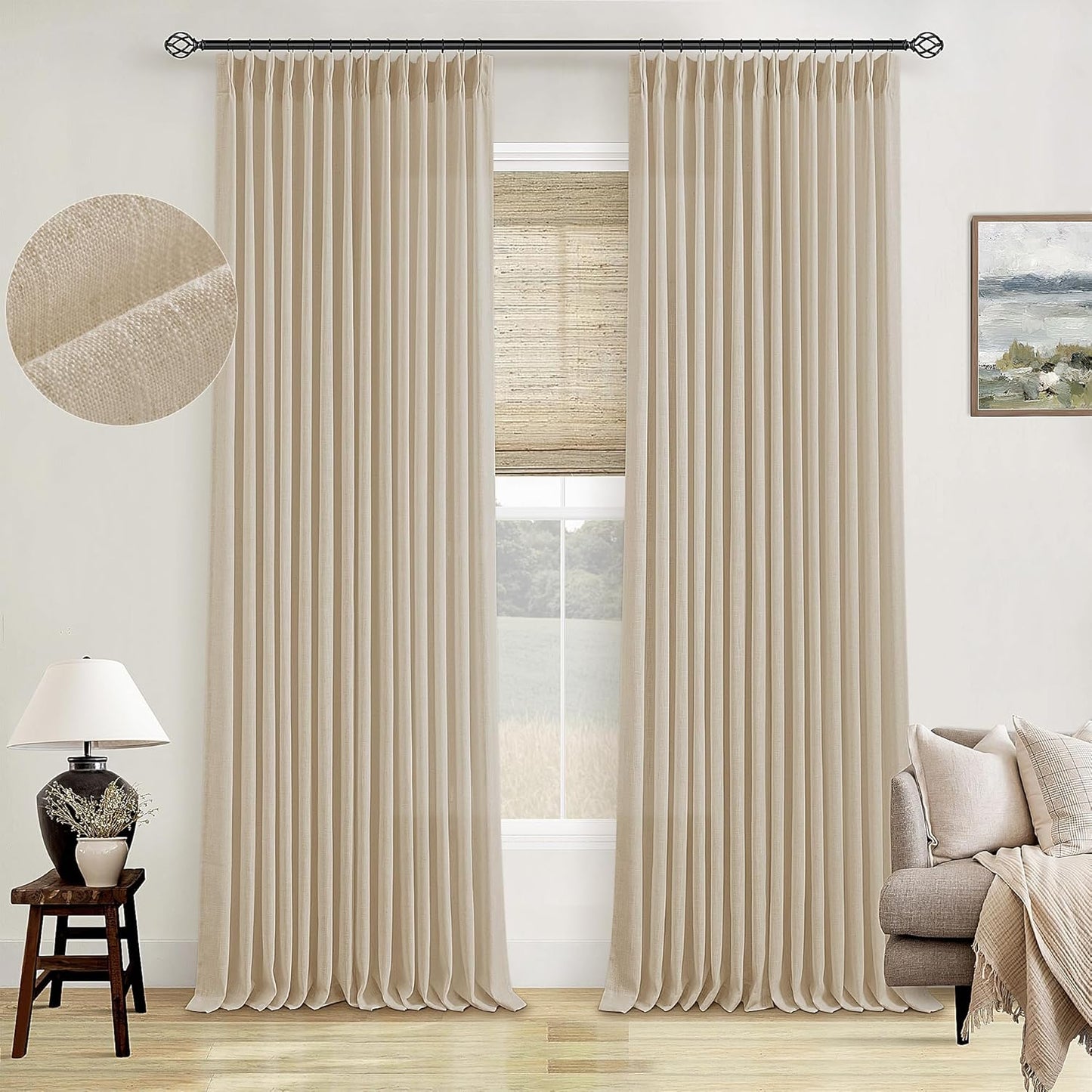 Natural Linen Kitchen Curtains 45 Inches Long 2 Sets Basement Curtains for Small Window Cream Ivory Pinch Pleated Back Tab Linen Blend Short Boho Semi Sheer Back Tab Drapes for Bay Windows 40x45