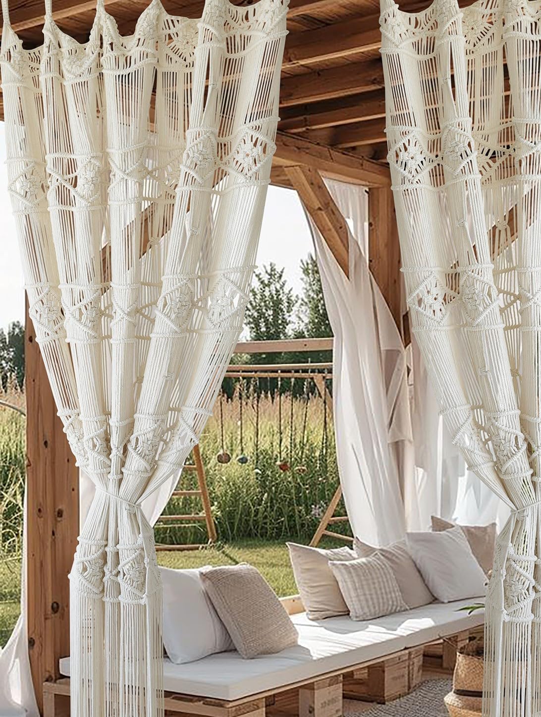 Macrame Curtain Boho Curtain Doorway Window Wall Decor Fiber Yarn Art Handwoven Wall Hanging Art Craftsmanship Home Door Bedroom Wedding Backdrop Arch,Closet Room Divider 59" W x 75" H (1 Panel,Khaki)