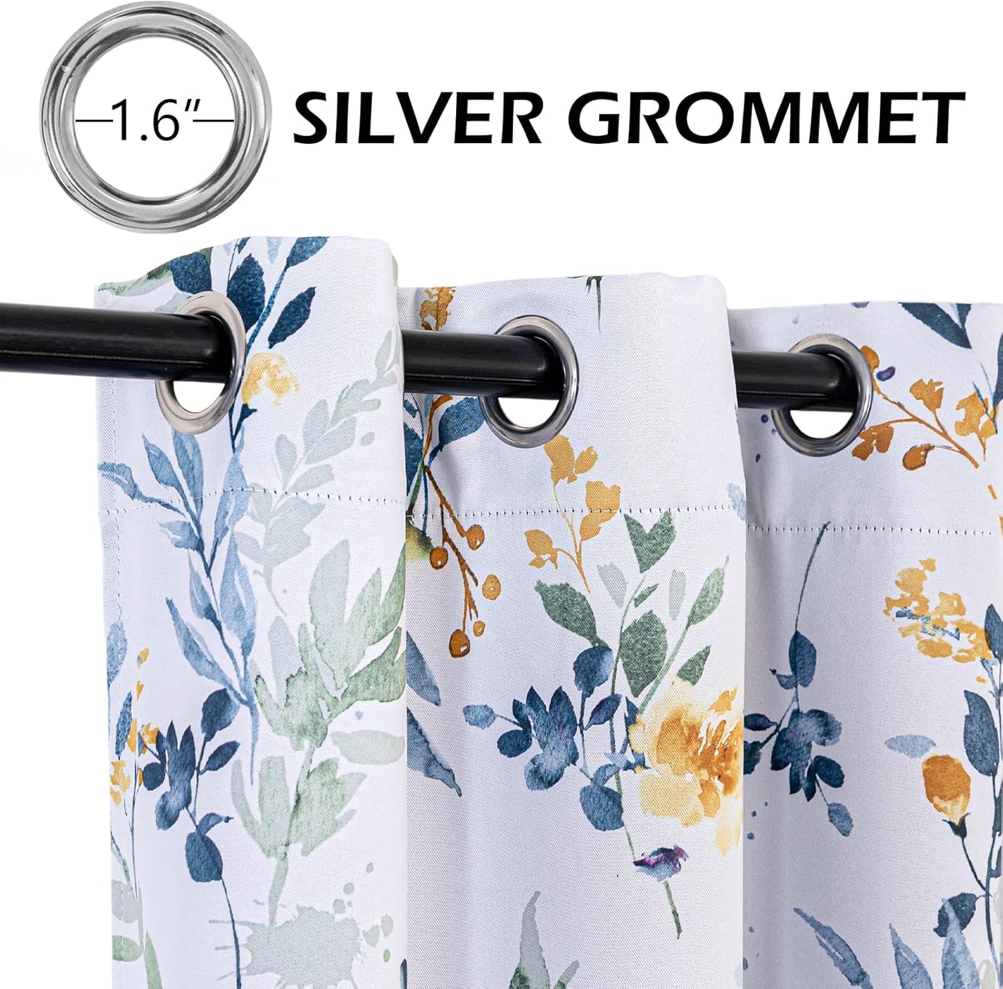MYSKY HOME Kitchen Curtains 45 inch Length Floral Blackout Curtains Thermal Insulated Room Darkening Curtains Grommet Top 2 Panels for Bedroom Bathroom Dormer Window, Yellow and Blue