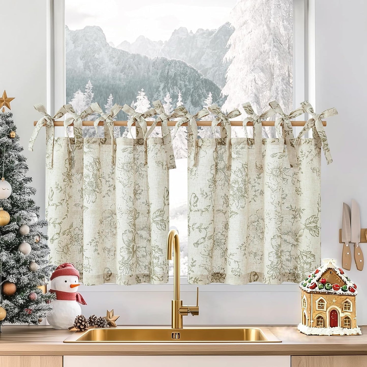 jinchan Floral Linen Tier Curtains 36 Inch Farmhouse Cafe Curtains Tie Top Botanic Drapes for Small Windows Over Sink for Kitchen Country Rustic Laundry Room Bathroom RV 2 Panels Black on Beige