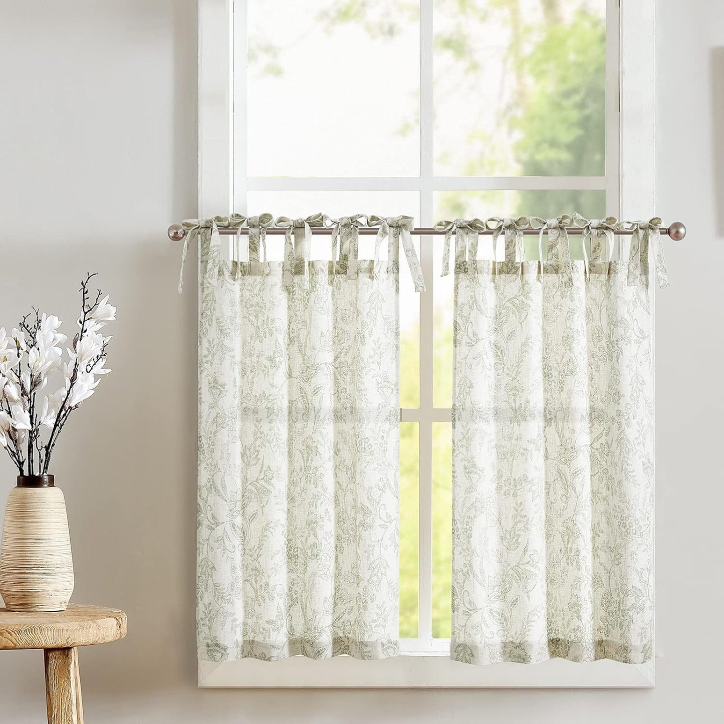 jinchan Floral Linen Tier Curtains 36 Inch Farmhouse Cafe Curtains Tie Top Botanic Drapes for Small Windows Over Sink for Kitchen Country Rustic Laundry Room Bathroom RV 2 Panels Black on Beige
