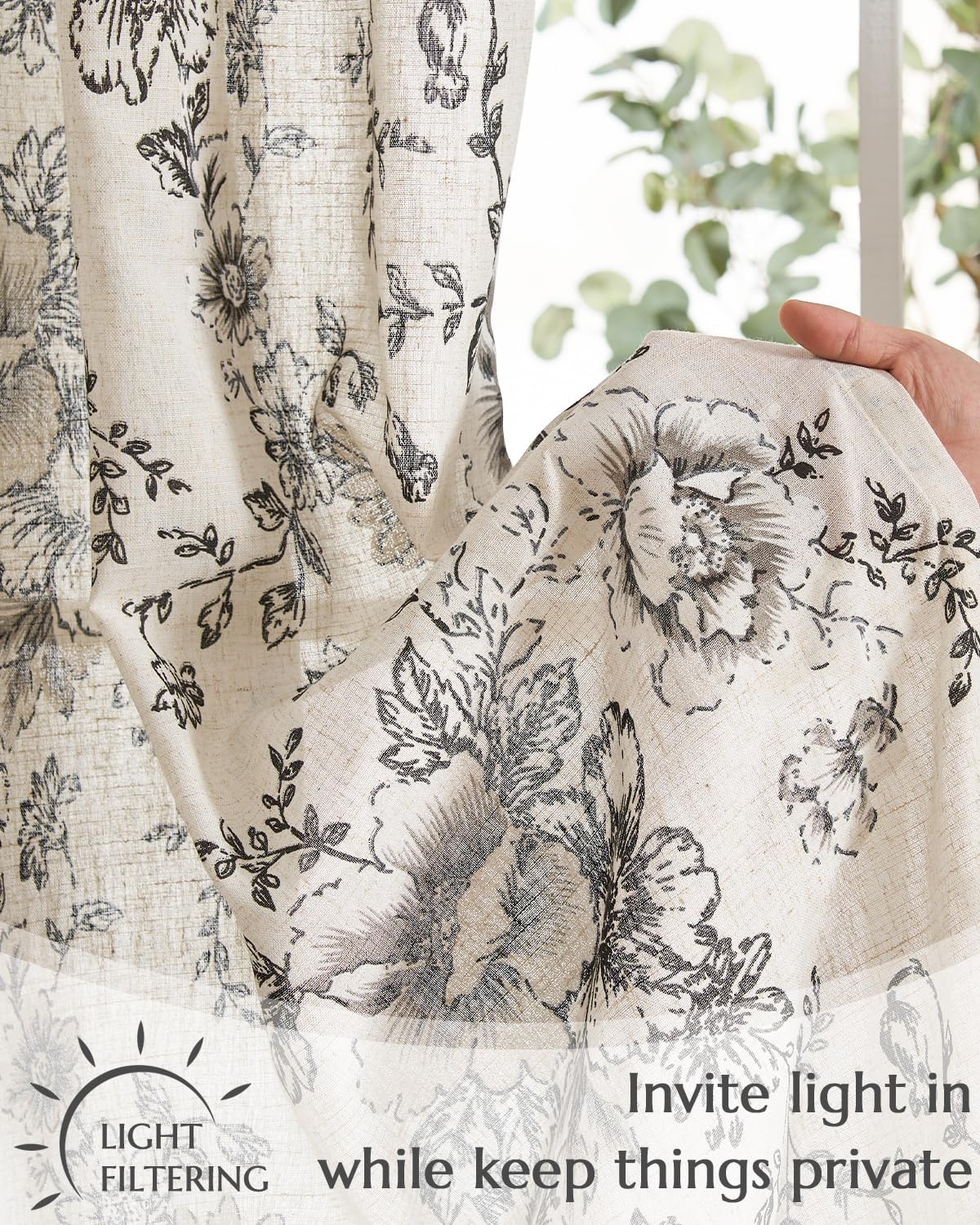 jinchan Floral Linen Tier Curtains 36 Inch Farmhouse Cafe Curtains Tie Top Botanic Drapes for Small Windows Over Sink for Kitchen Country Rustic Laundry Room Bathroom RV 2 Panels Black on Beige