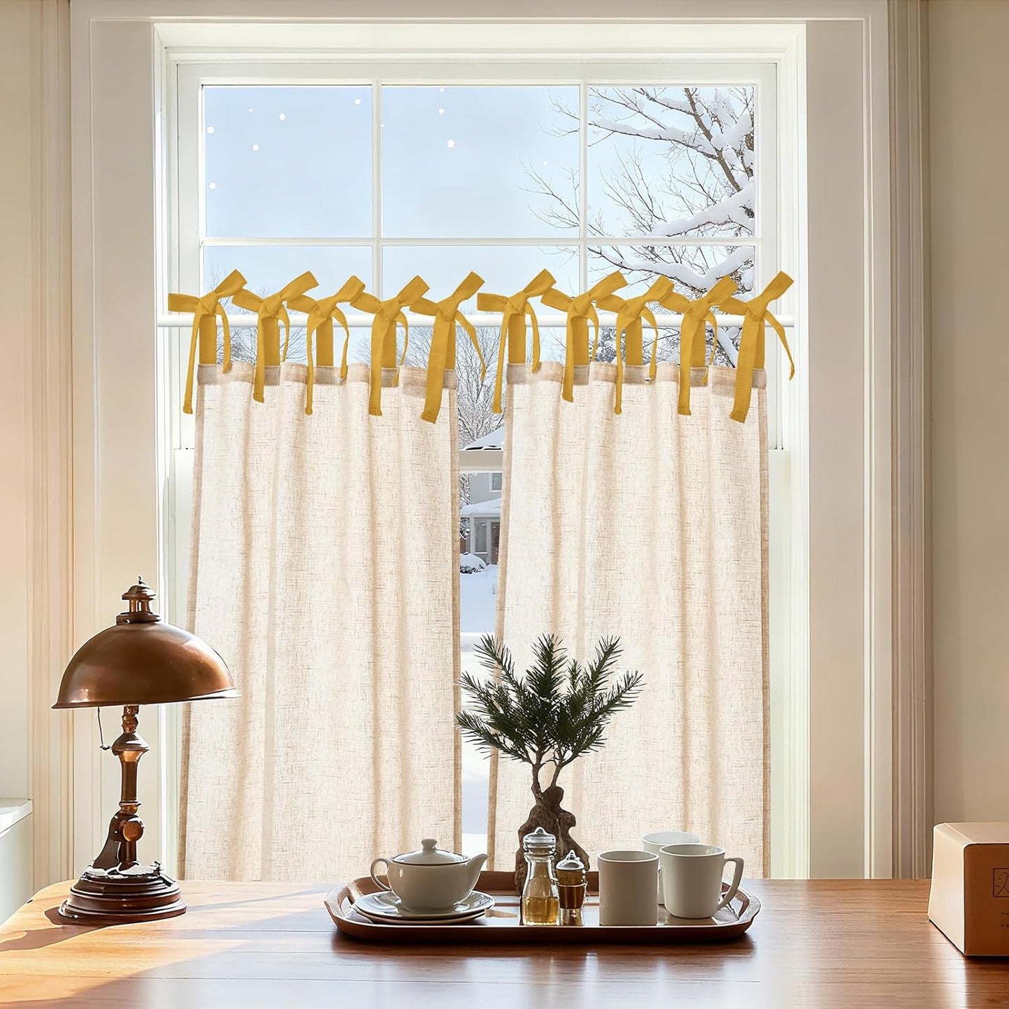 jinchan Floral Linen Tier Curtains 36 Inch Farmhouse Cafe Curtains Tie Top Botanic Drapes for Small Windows Over Sink for Kitchen Country Rustic Laundry Room Bathroom RV 2 Panels Black on Beige