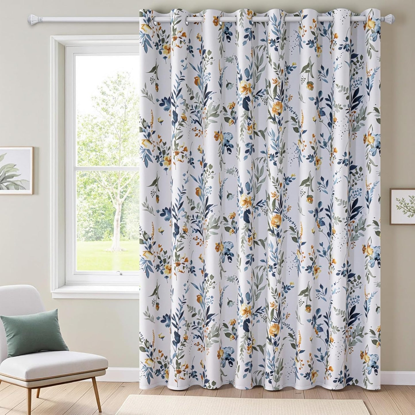 MYSKY HOME Kitchen Curtains 45 inch Length Floral Blackout Curtains Thermal Insulated Room Darkening Curtains Grommet Top 2 Panels for Bedroom Bathroom Dormer Window, Yellow and Blue